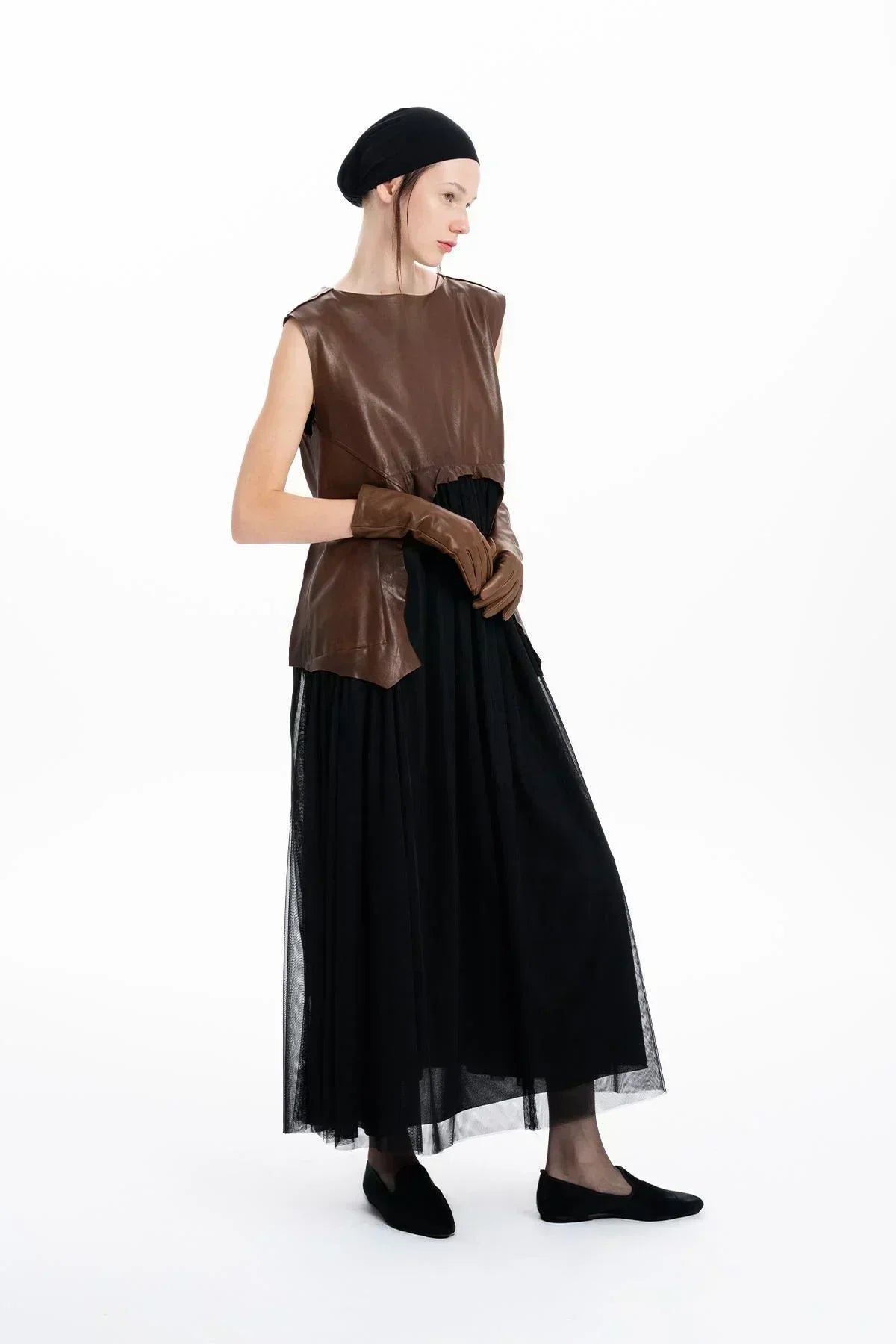 BROWN BLACK LEATHER AND TULLE DESIGN LONG DRESS