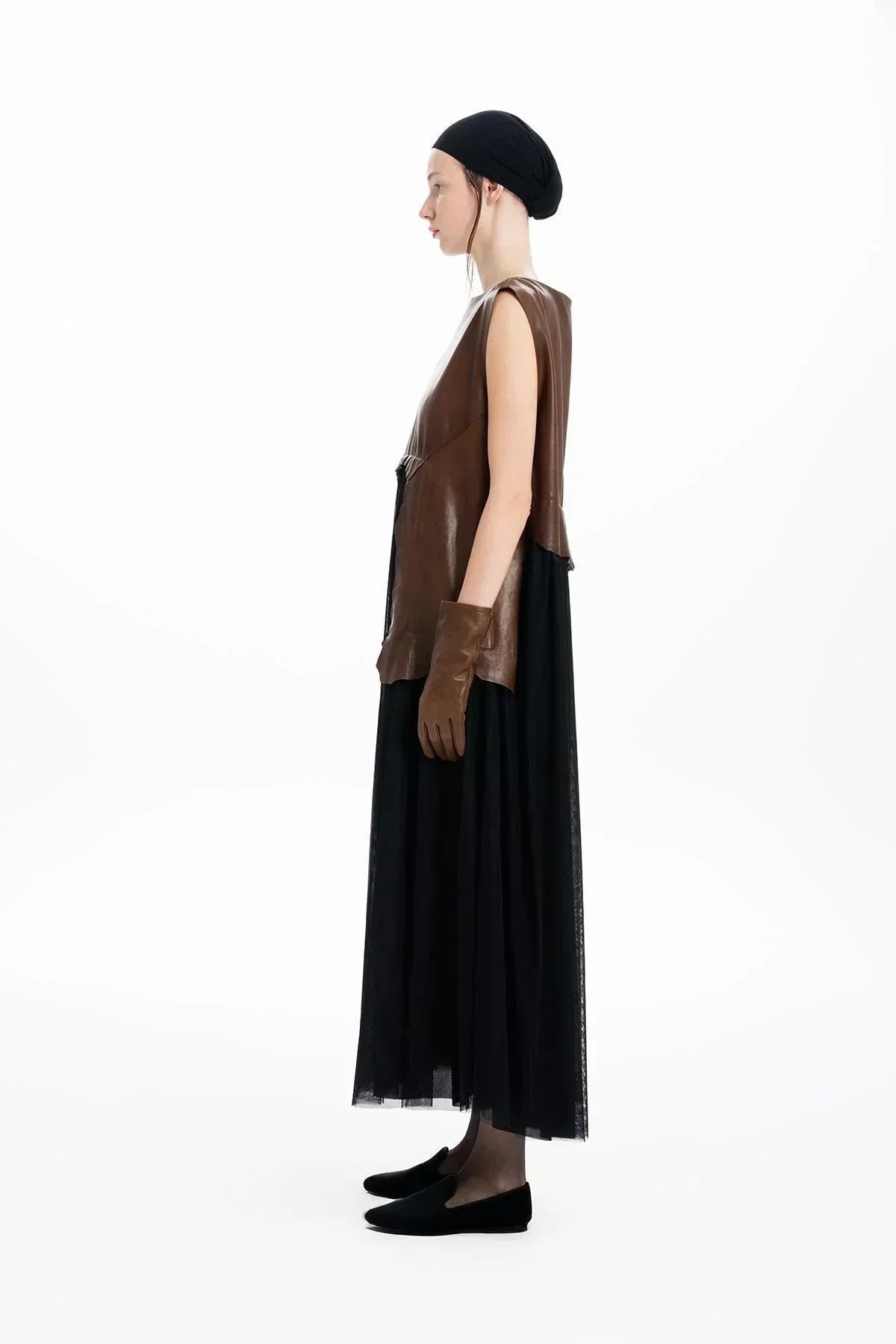 BROWN BLACK LEATHER AND TULLE DESIGN LONG DRESS