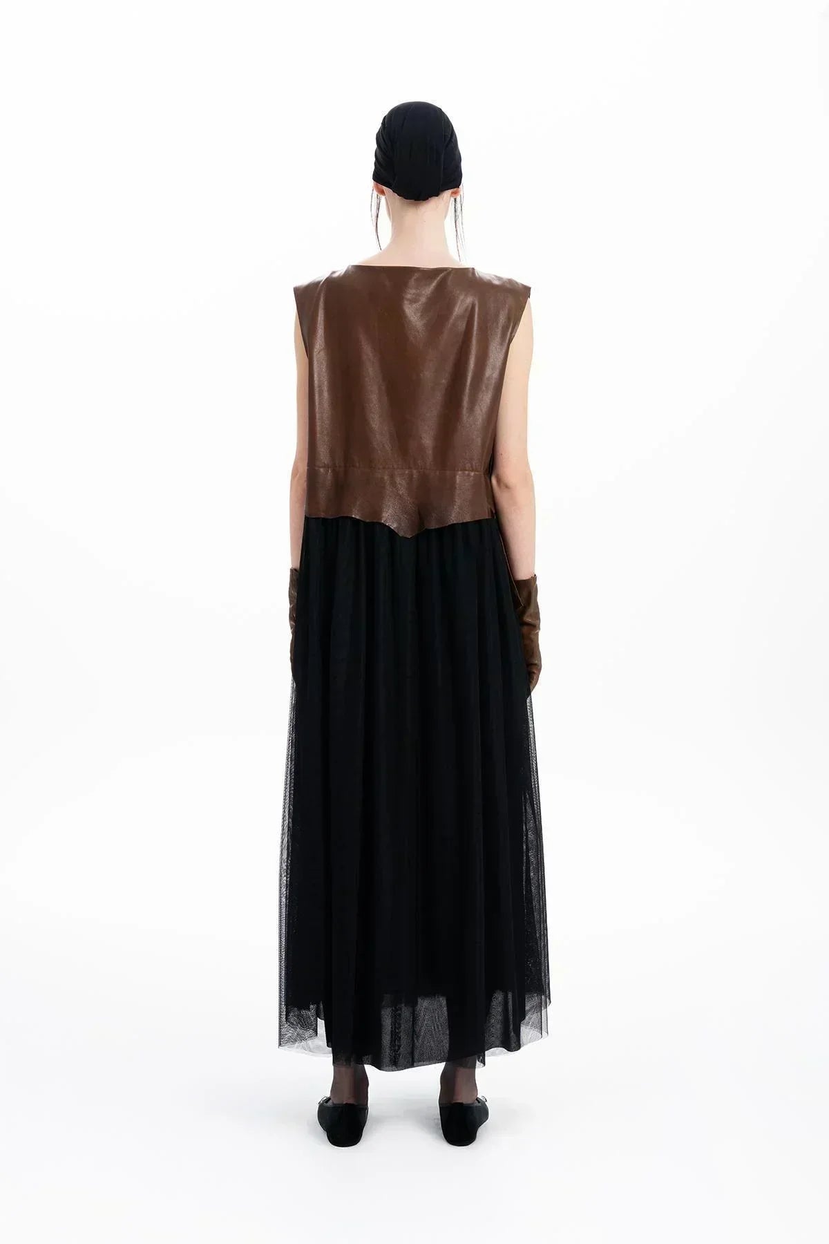 BROWN BLACK LEATHER AND TULLE DESIGN LONG DRESS