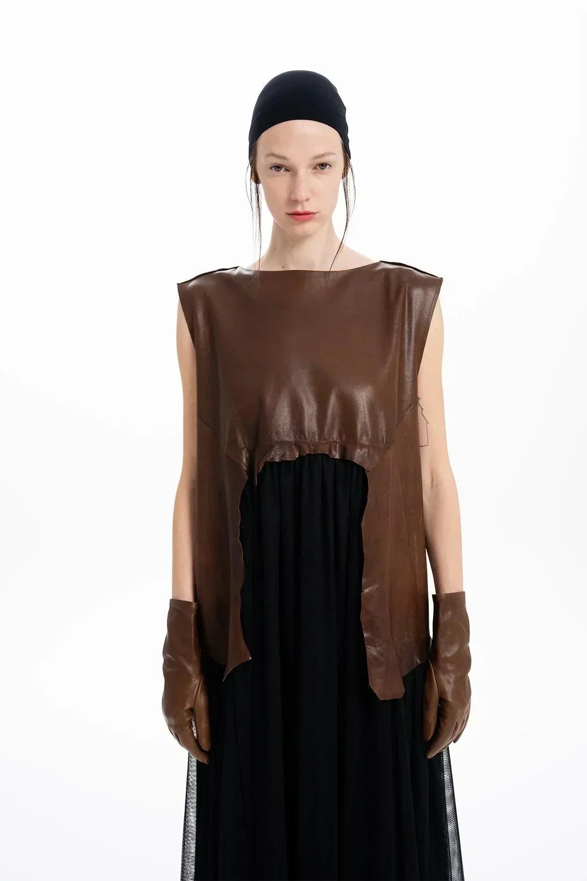 BROWN BLACK LEATHER AND TULLE DESIGN LONG DRESS