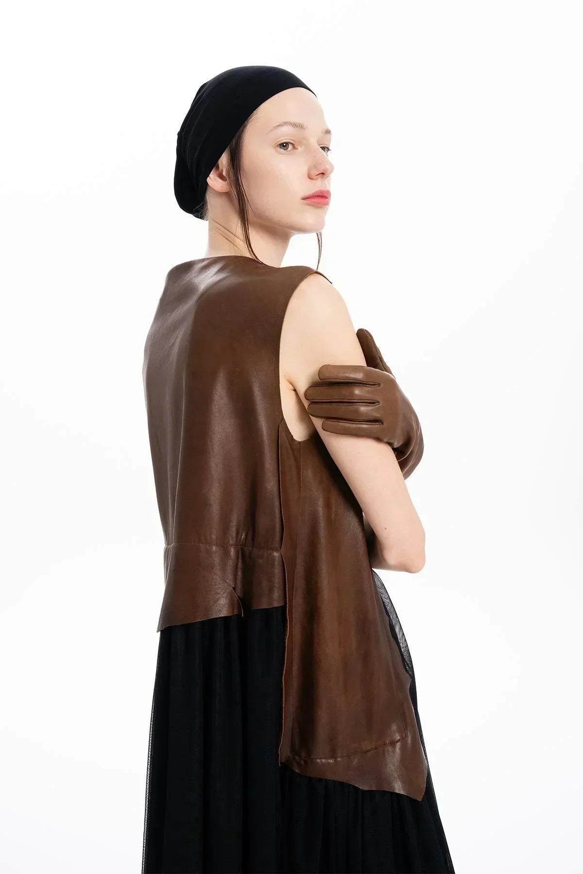BROWN BLACK LEATHER AND TULLE DESIGN LONG DRESS