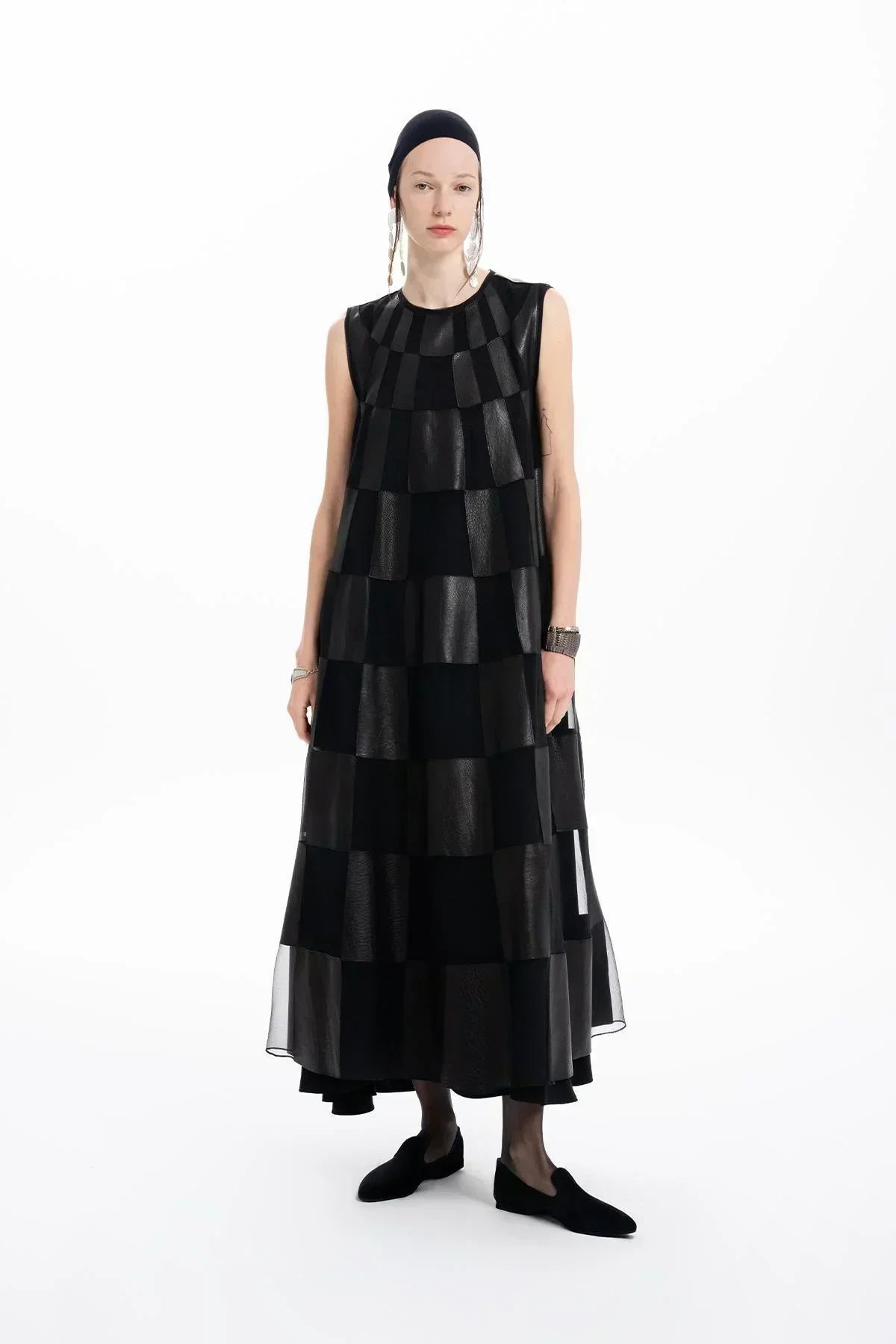 BLACK LEATHER ORGANZA PATCHWORK DESIGN LONG DRESS