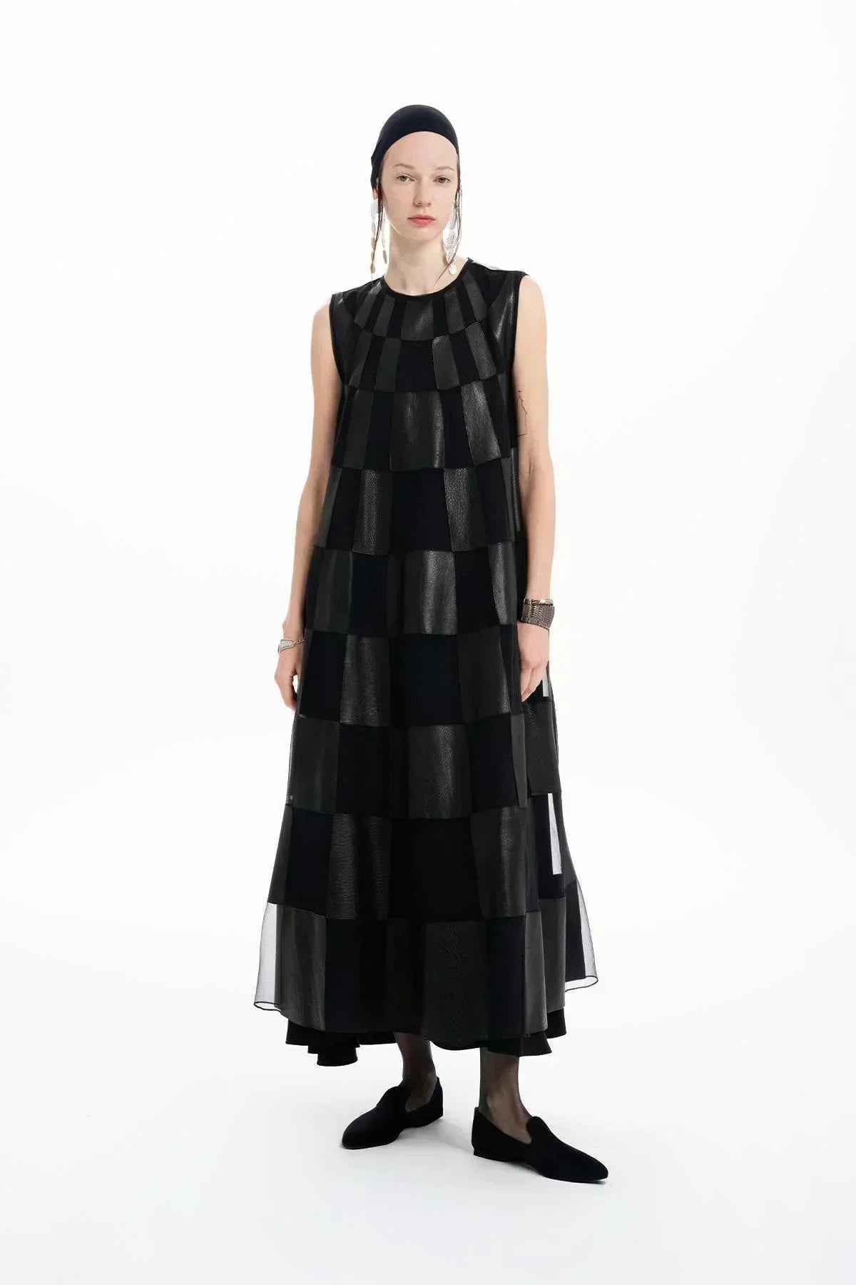 SİYAH DERİ ORGANZE PATCHWORK TASARIMLI UZUN ELBİSE - MiiN