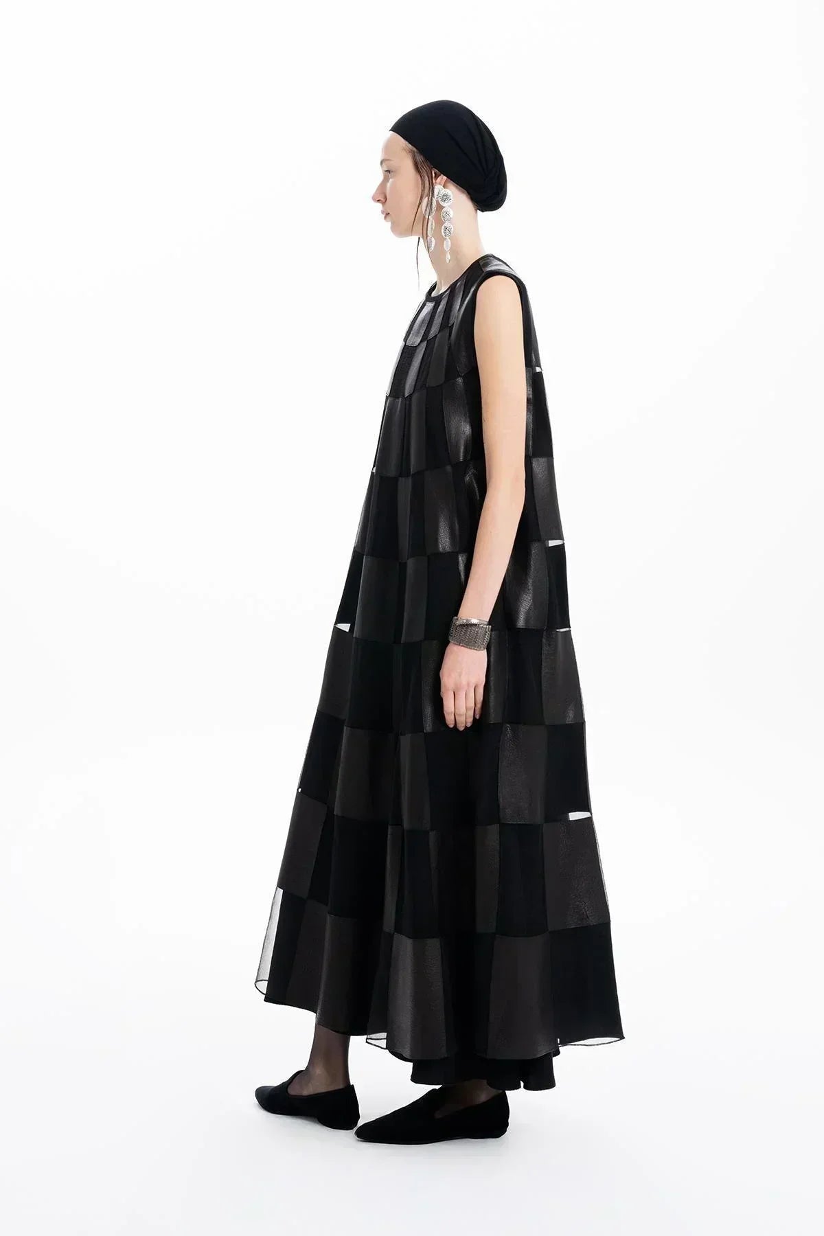 BLACK LEATHER ORGANZA PATCHWORK DESIGN LONG DRESS