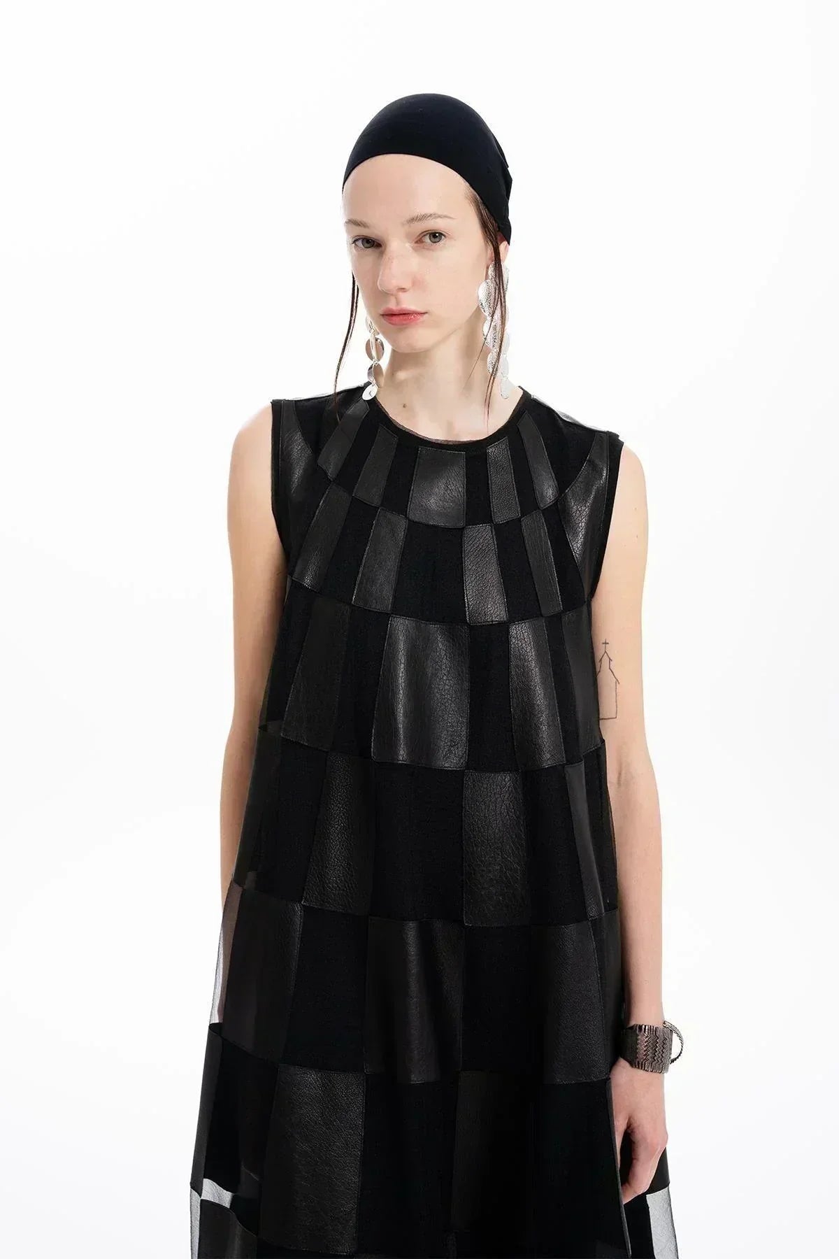 BLACK LEATHER ORGANZA PATCHWORK DESIGN LONG DRESS
