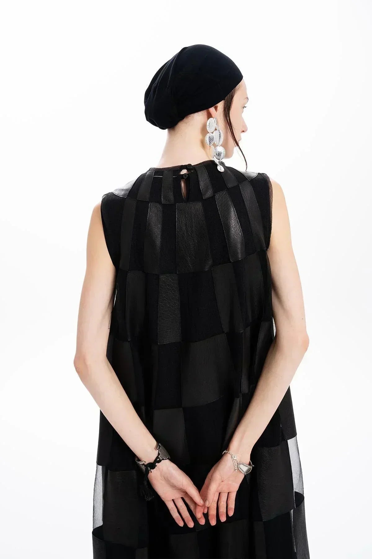 BLACK LEATHER ORGANZA PATCHWORK DESIGN LONG DRESS