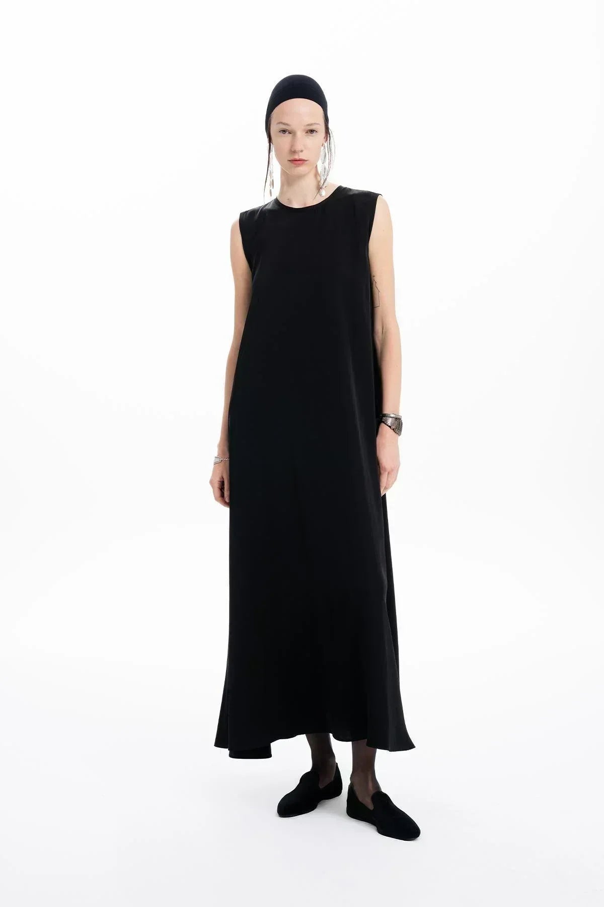 SİYAH DERİ ORGANZE PATCHWORK TASARIMLI UZUN ELBİSE