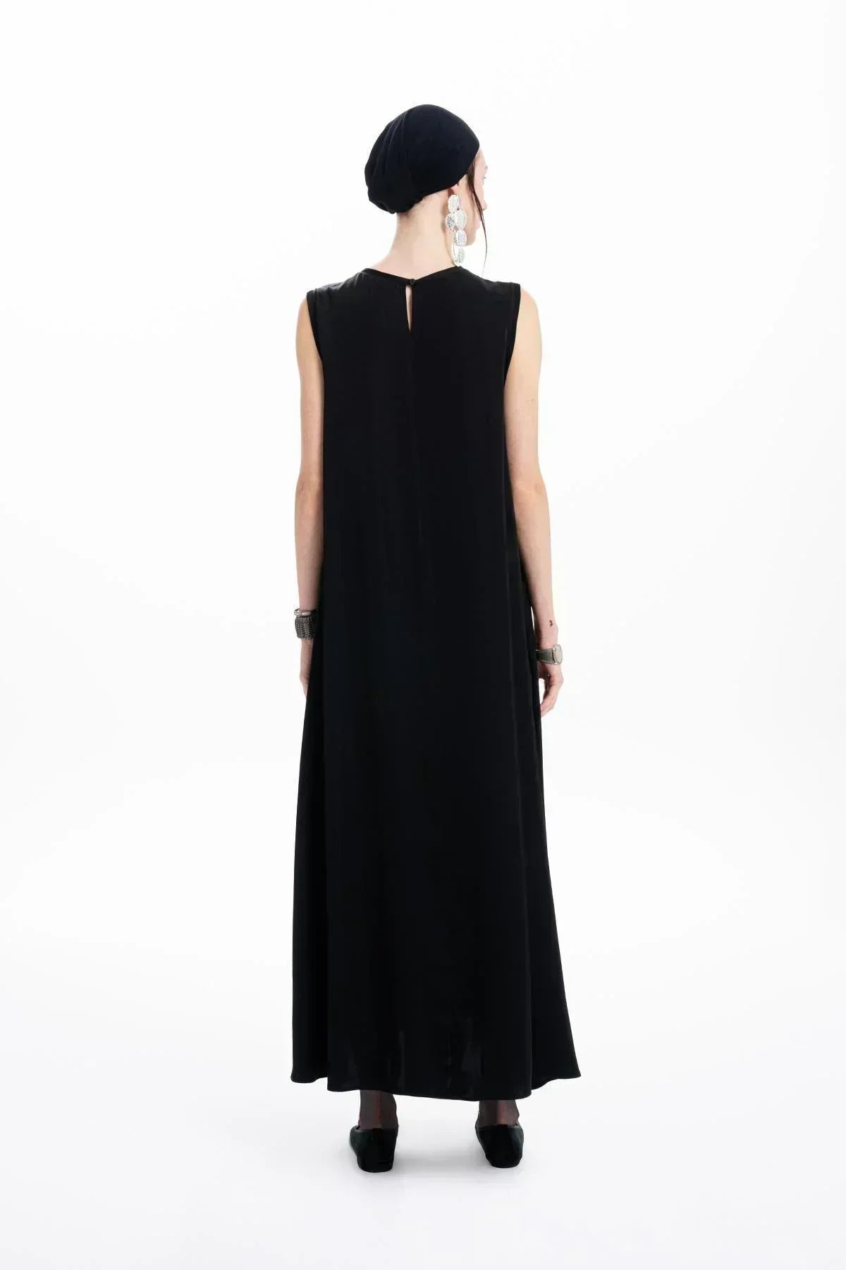 SİYAH DERİ ORGANZE PATCHWORK TASARIMLI UZUN ELBİSE