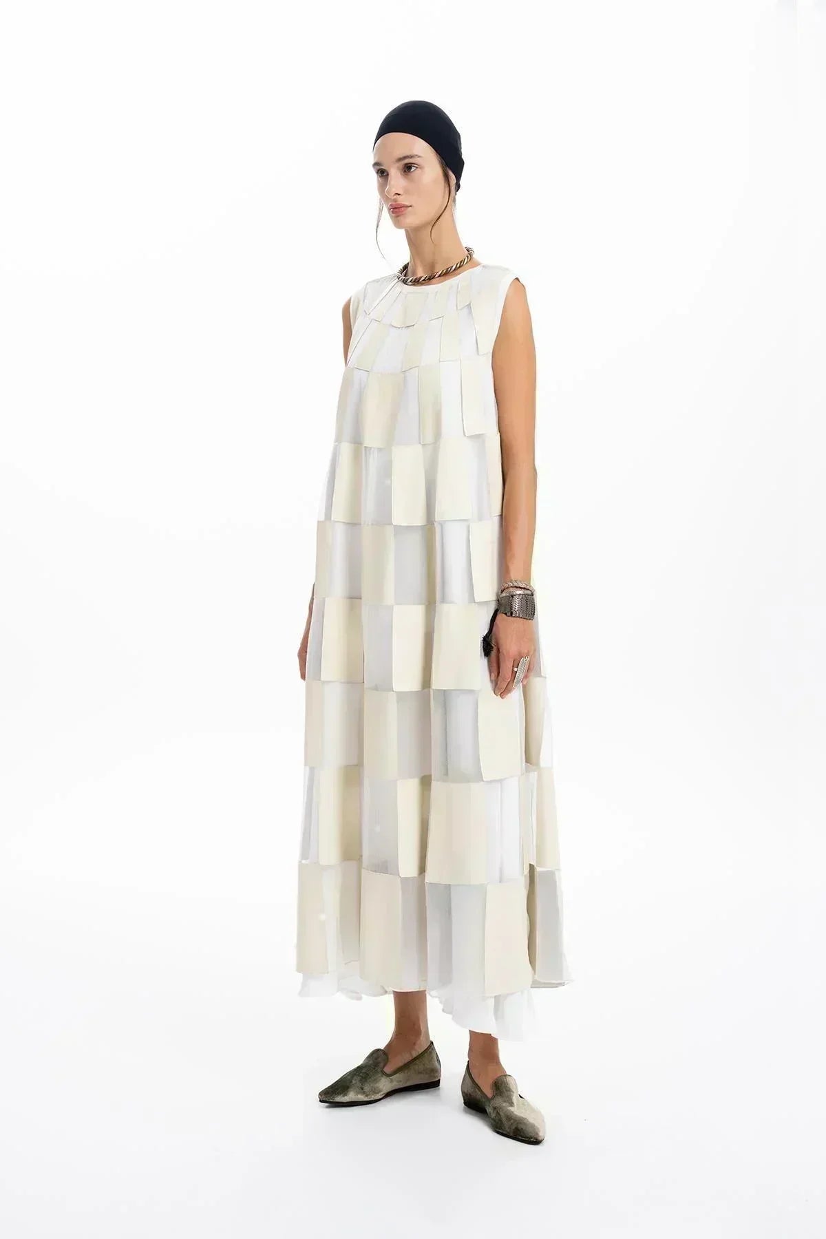 EKRU DERİ ORGANZE PATCHWORK TASARIMLI UZUN ELBİSE - MiiN