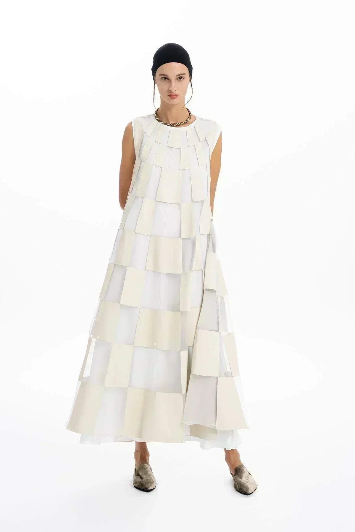 EKRU DERİ ORGANZE PATCHWORK TASARIMLI UZUN ELBİSE - MiiN