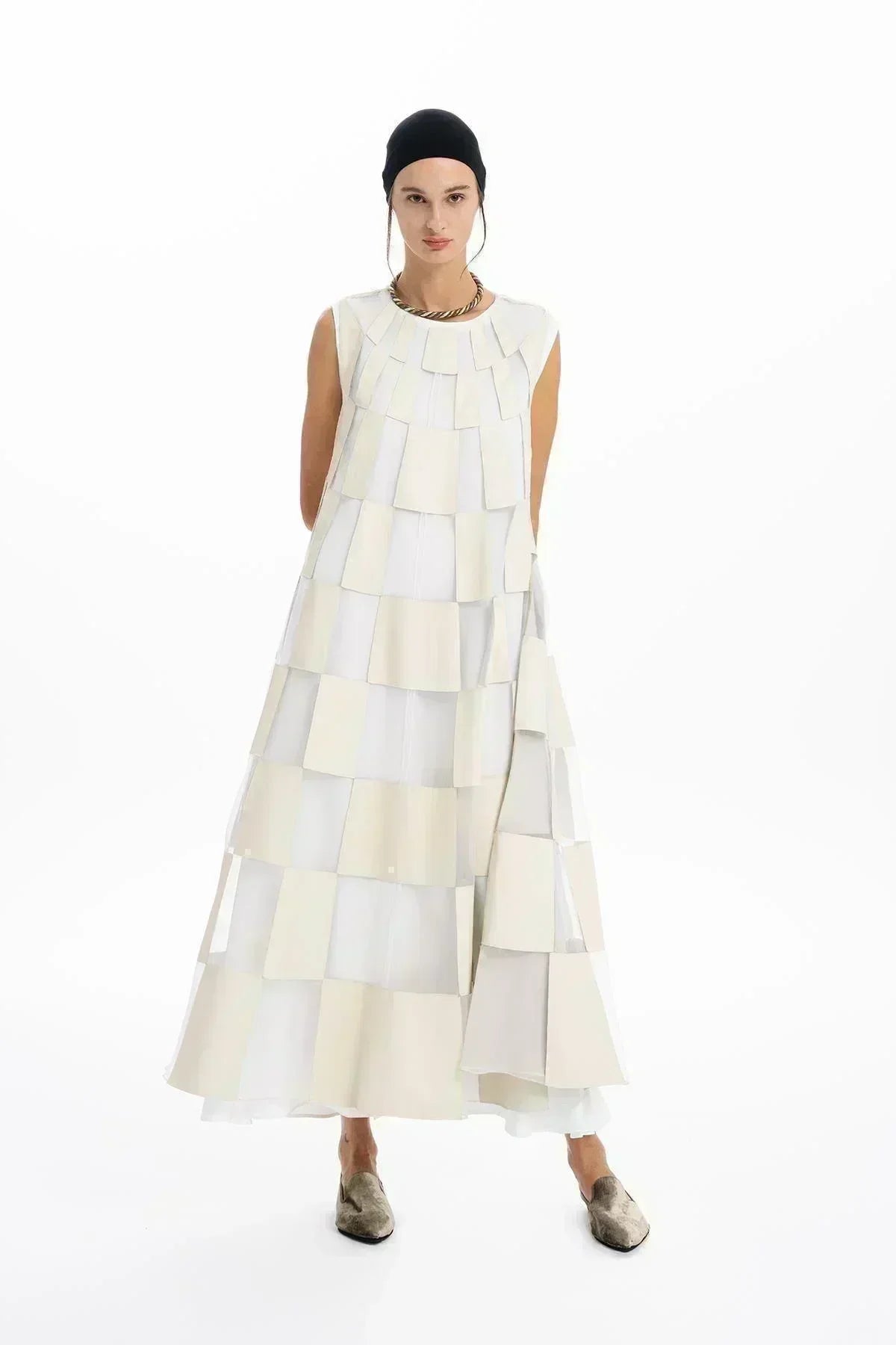 EKRU DERİ ORGANZE PATCHWORK TASARIMLI UZUN ELBİSE - MiiN