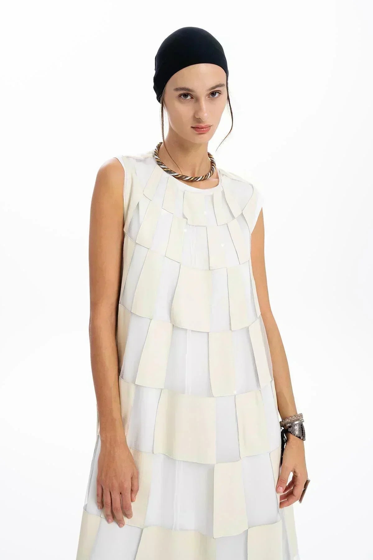 EKRU DERİ ORGANZE PATCHWORK TASARIMLI UZUN ELBİSE - MiiN