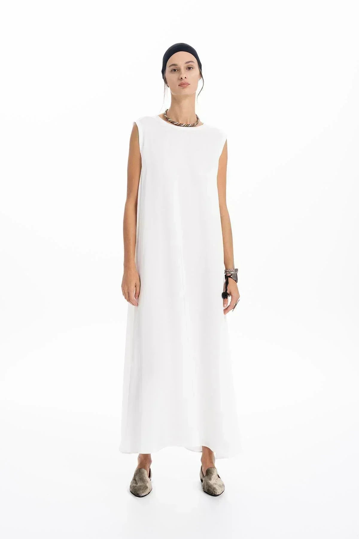 EKRU DERİ ORGANZE PATCHWORK TASARIMLI UZUN ELBİSE - MiiN