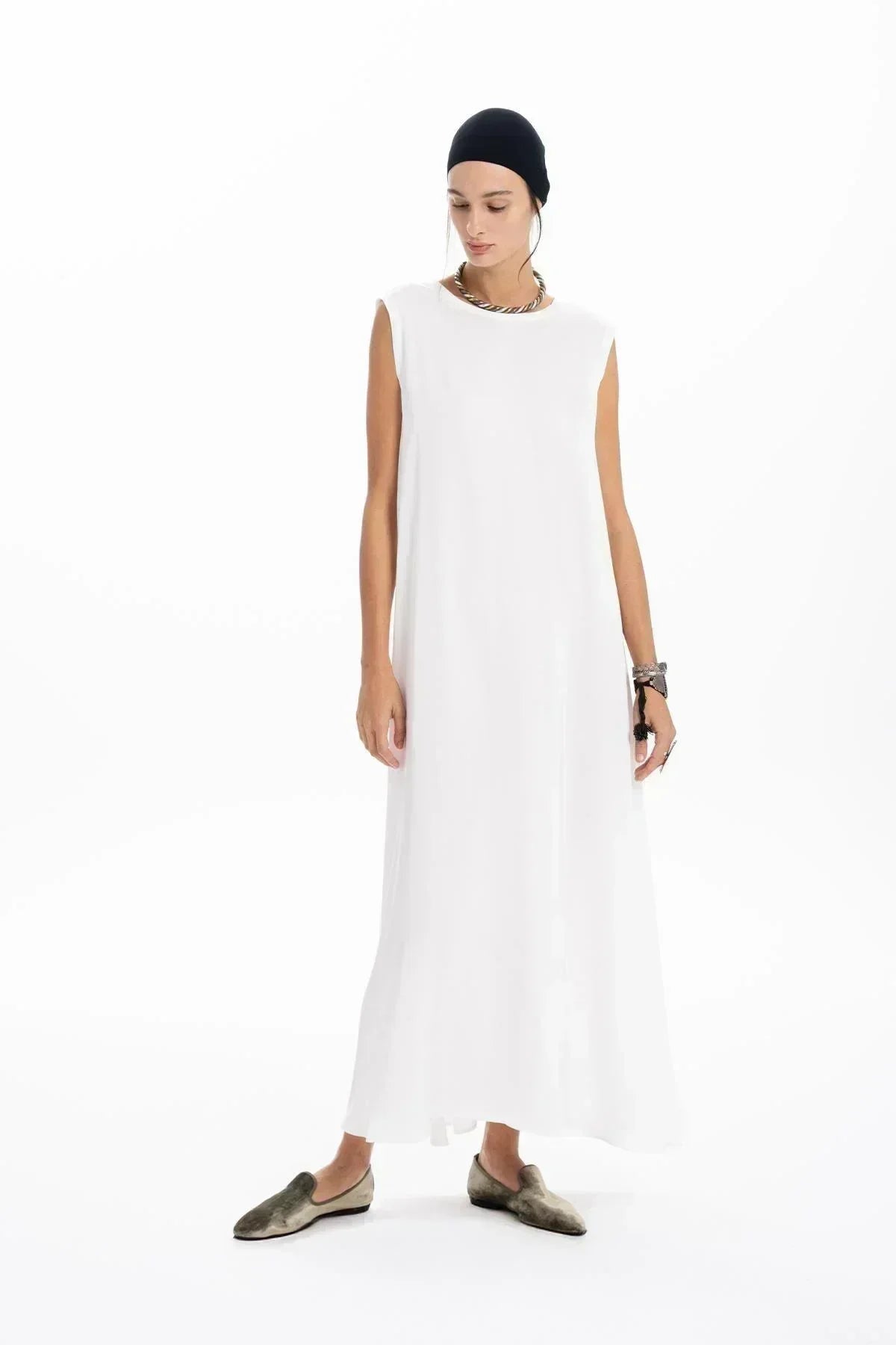 EKRU DERİ ORGANZE PATCHWORK TASARIMLI UZUN ELBİSE