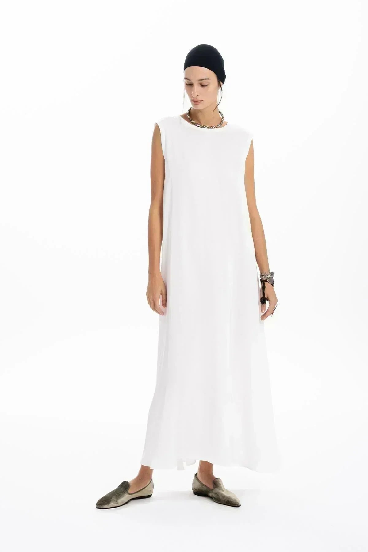 EKRU DERİ ORGANZE PATCHWORK TASARIMLI UZUN ELBİSE - MiiN