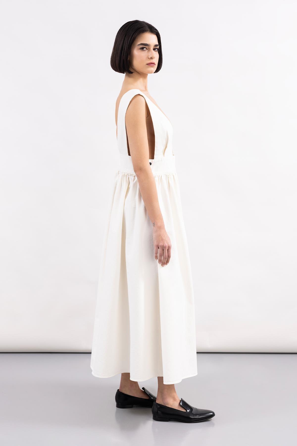 BEYAZ ÇİÇEK DESEN BASKI EL BOYAMASI SALOPET ELBİSE - MiiN