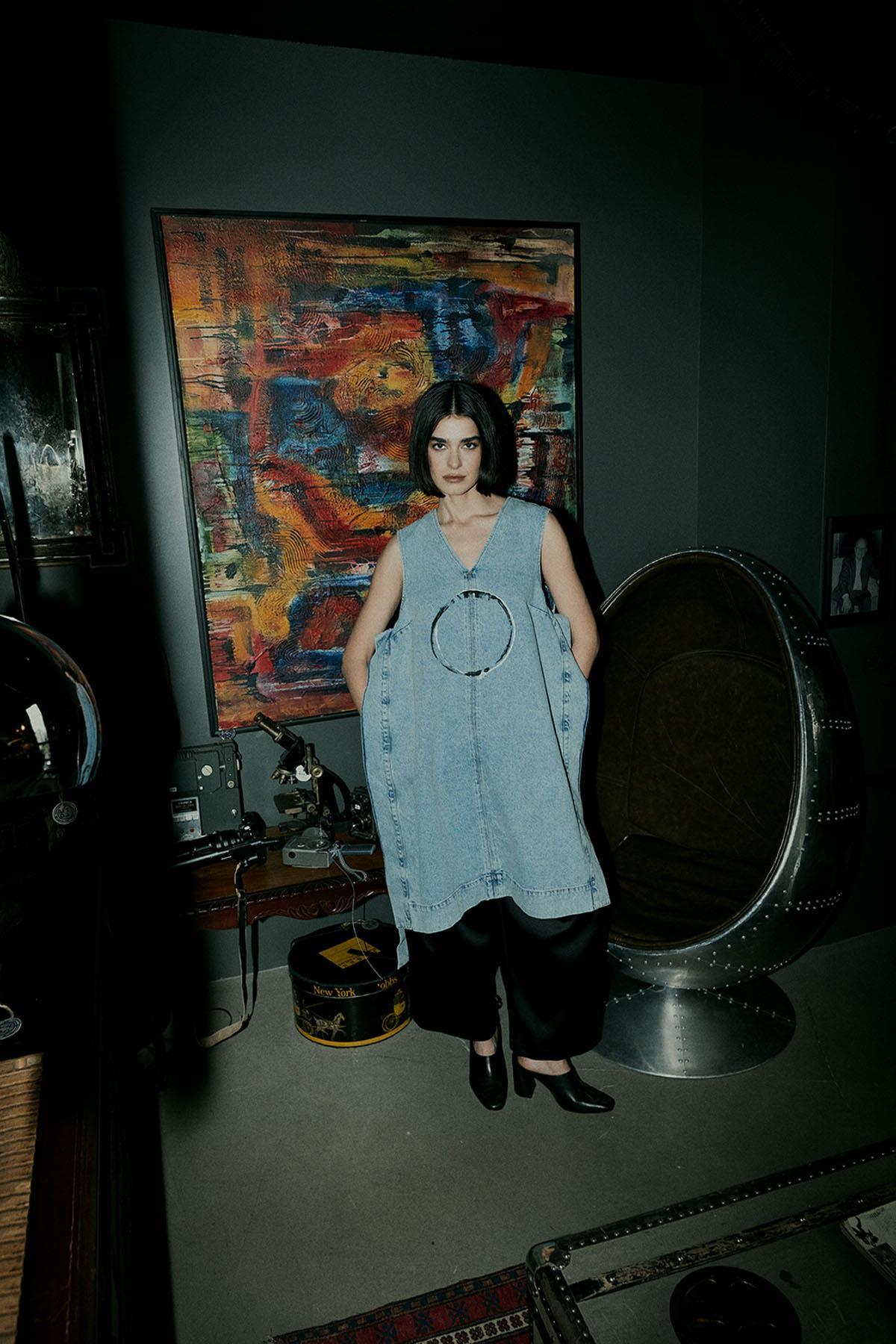 SNOW WASH FRONT CIRCLE PATTERN HAND PAINTED DENIM DRESS