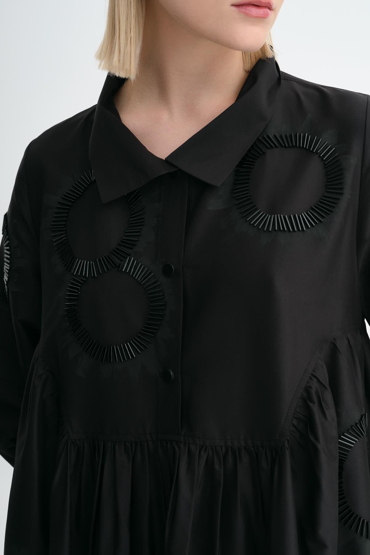 Siyah Boncuk İşlemeli Gömlek Yaka Uzun Elbise - MİİN