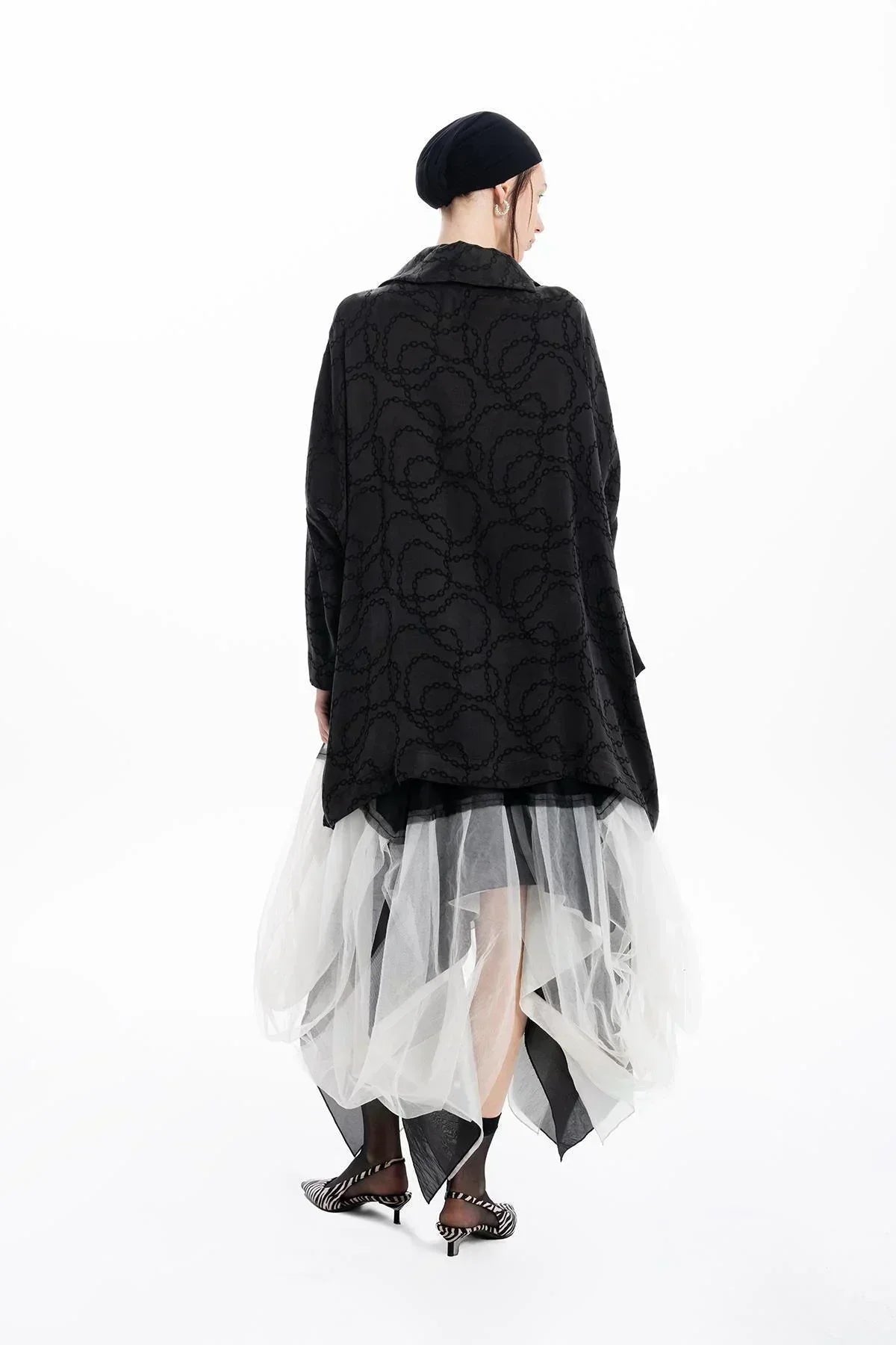 BLACK AND WHITE ASYMMETRIC CUT TAFFETA TULLE SKIRT