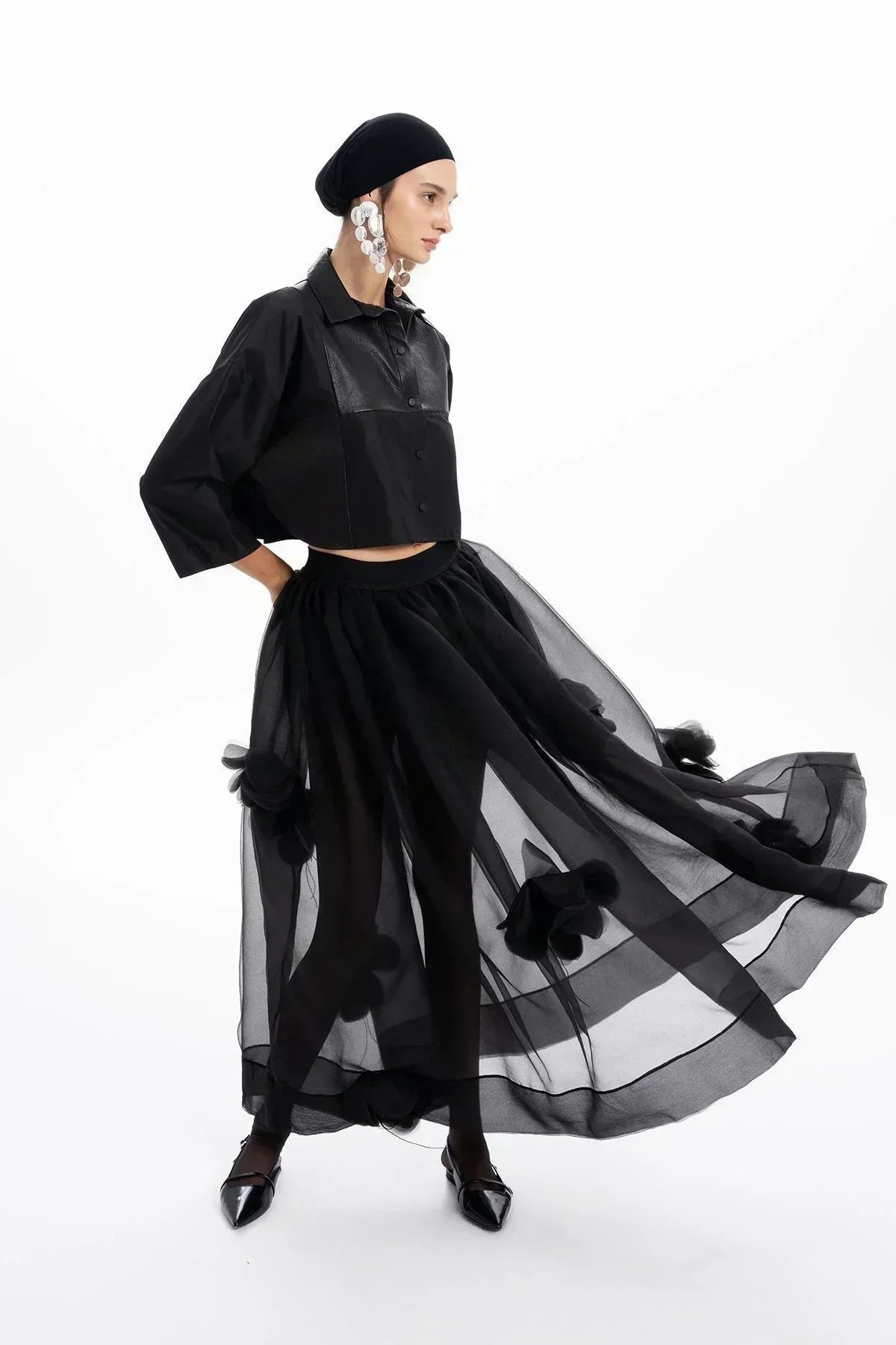 SİYAH ORGANZE ÇİÇEK APLİKELİ TRANSPARAN UZUN ETEK