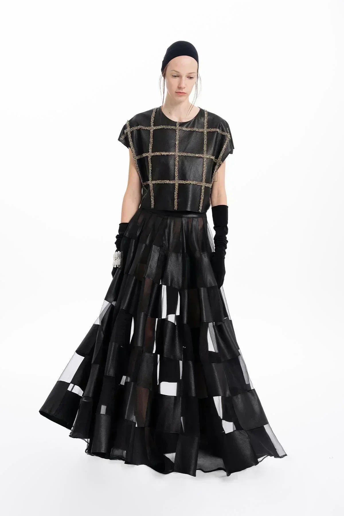 SİYAH DERİ ORGANZE PATCHWORK TASARIMLI UZUN ETEK