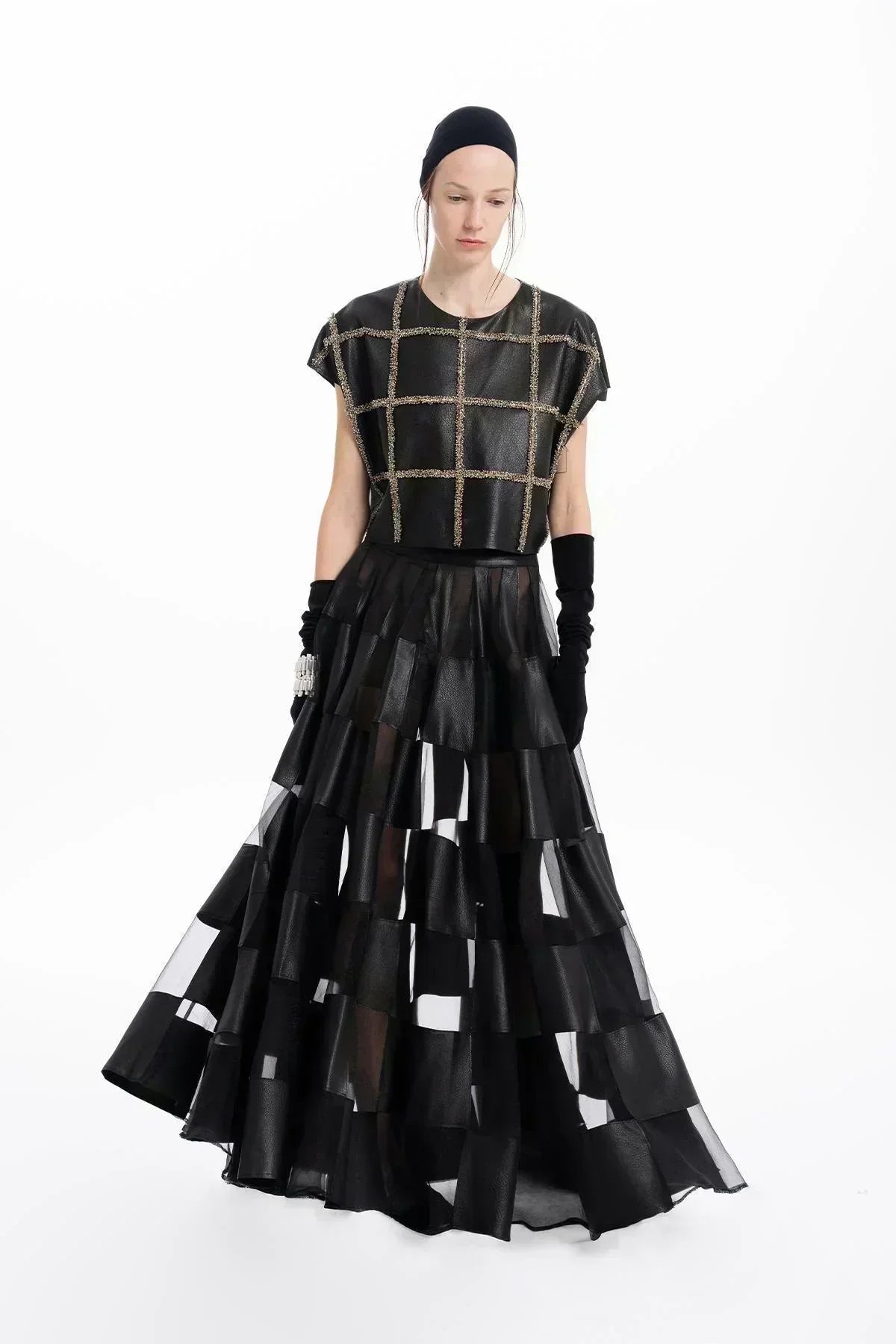 SİYAH DERİ ORGANZE PATCHWORK TASARIMLI UZUN ETEK - MiiN