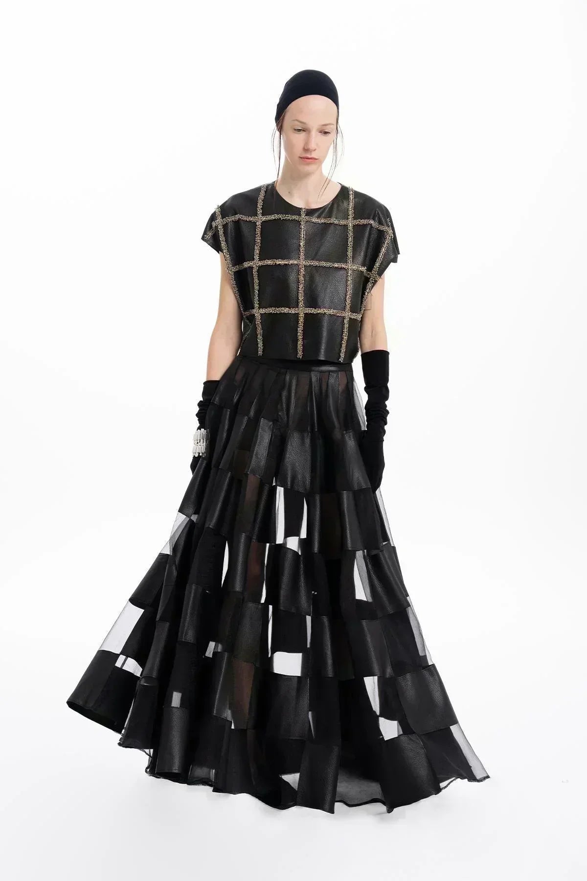 SİYAH DERİ ORGANZE PATCHWORK TASARIMLI UZUN ETEK - MiiN