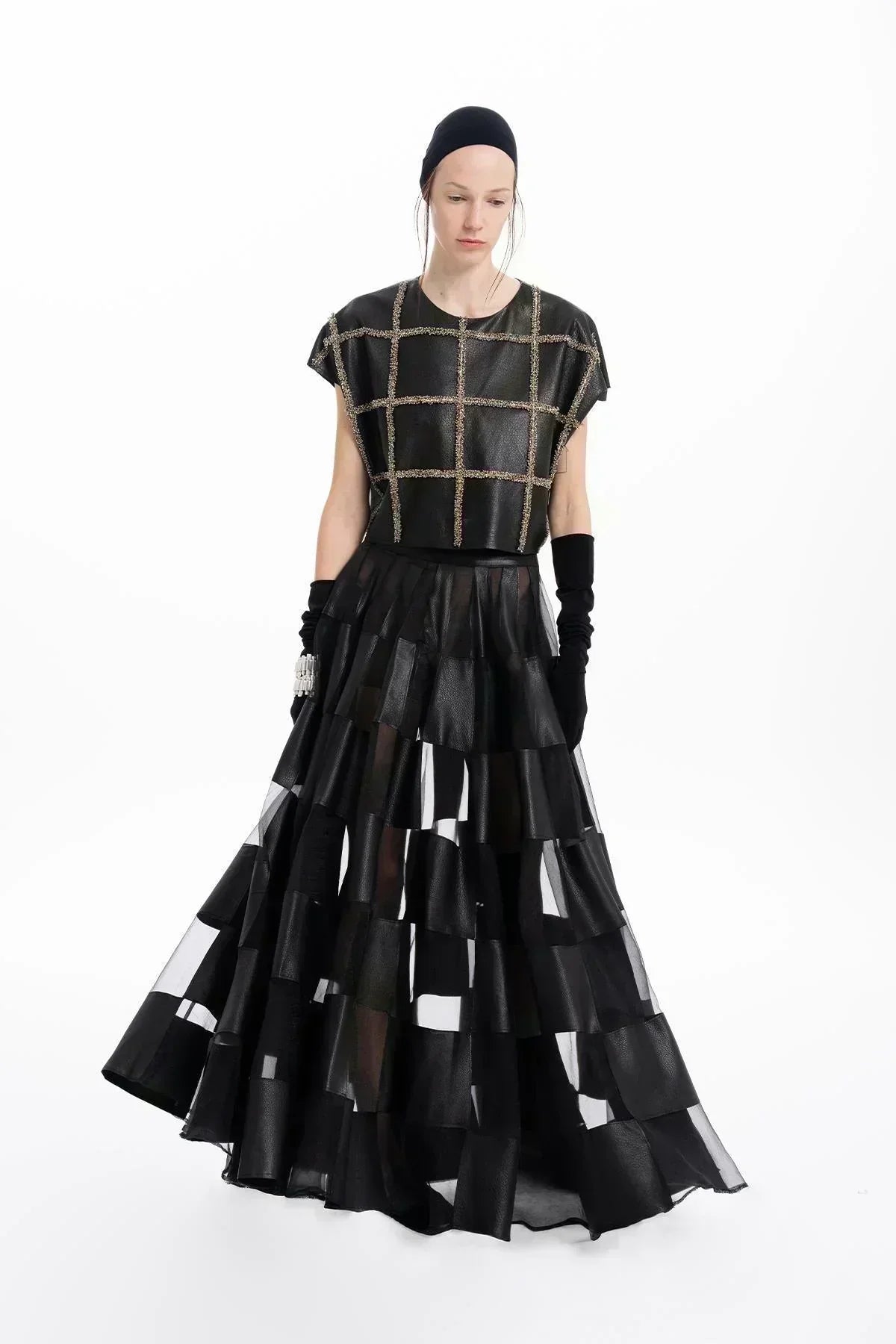 SİYAH DERİ ORGANZE PATCHWORK TASARIMLI UZUN ETEK - MiiN