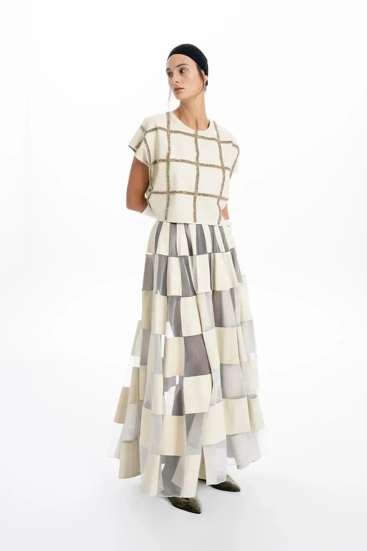 ECRU LEATHER ORGANZA PATCHWORK DESIGN LONG DRESS