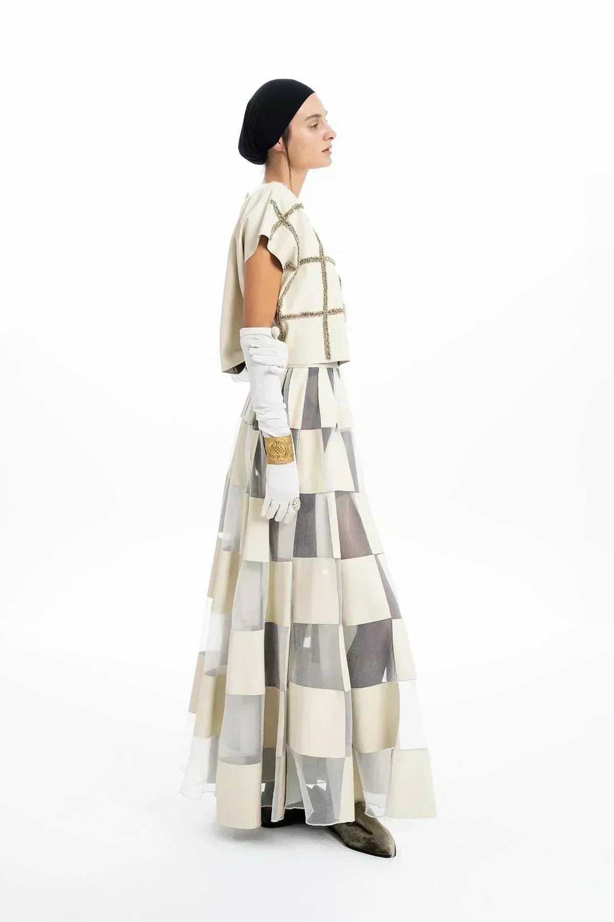 EKRU DERİ ORGANZE PATCHWORK TASARIMLI UZUN ELBİSE - MiiN