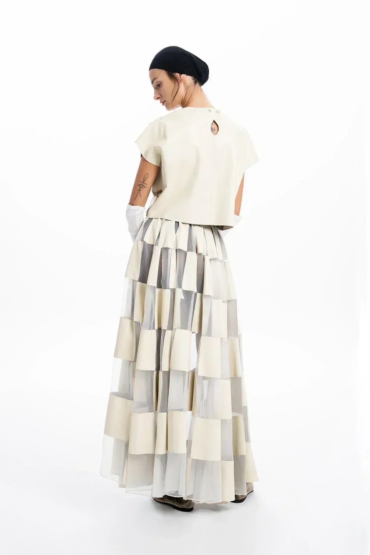 ECRU LEATHER ORGANZA PATCHWORK DESIGN LONG DRESS