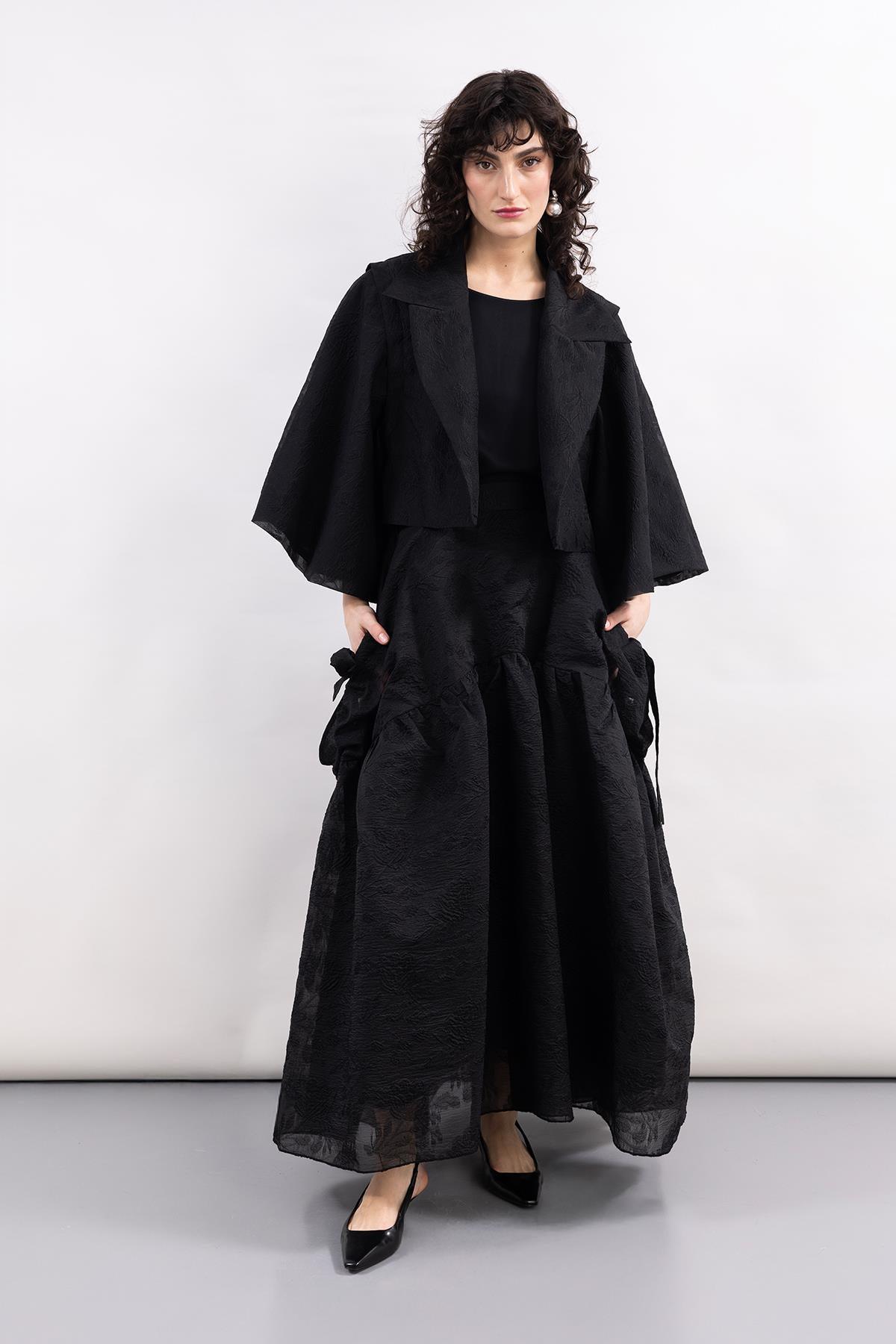BLACK JACQUARD PATTERNED CUP LONG SKIRT