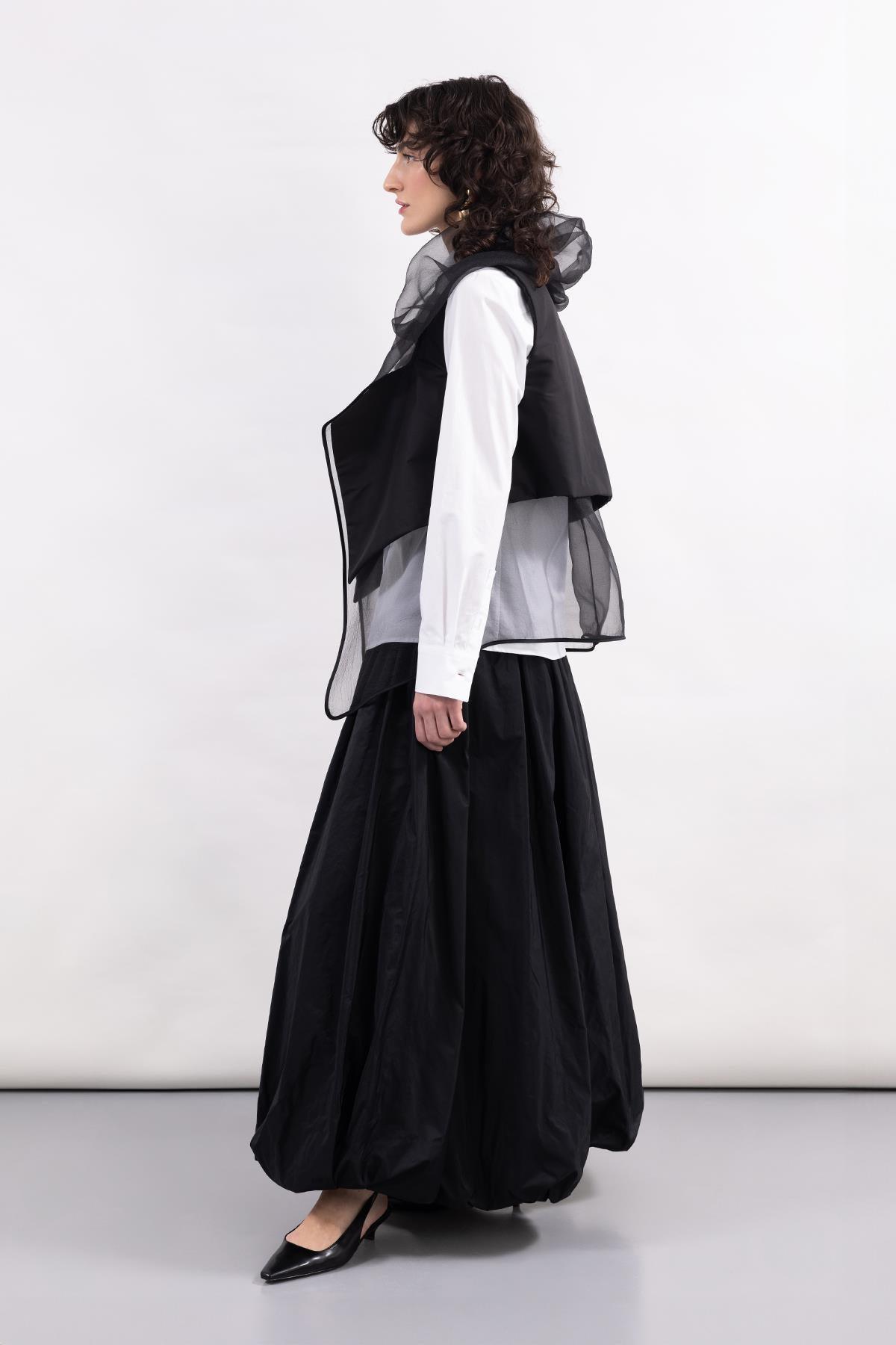 BLACK TAFFETA LONG BALLOON SKIRT