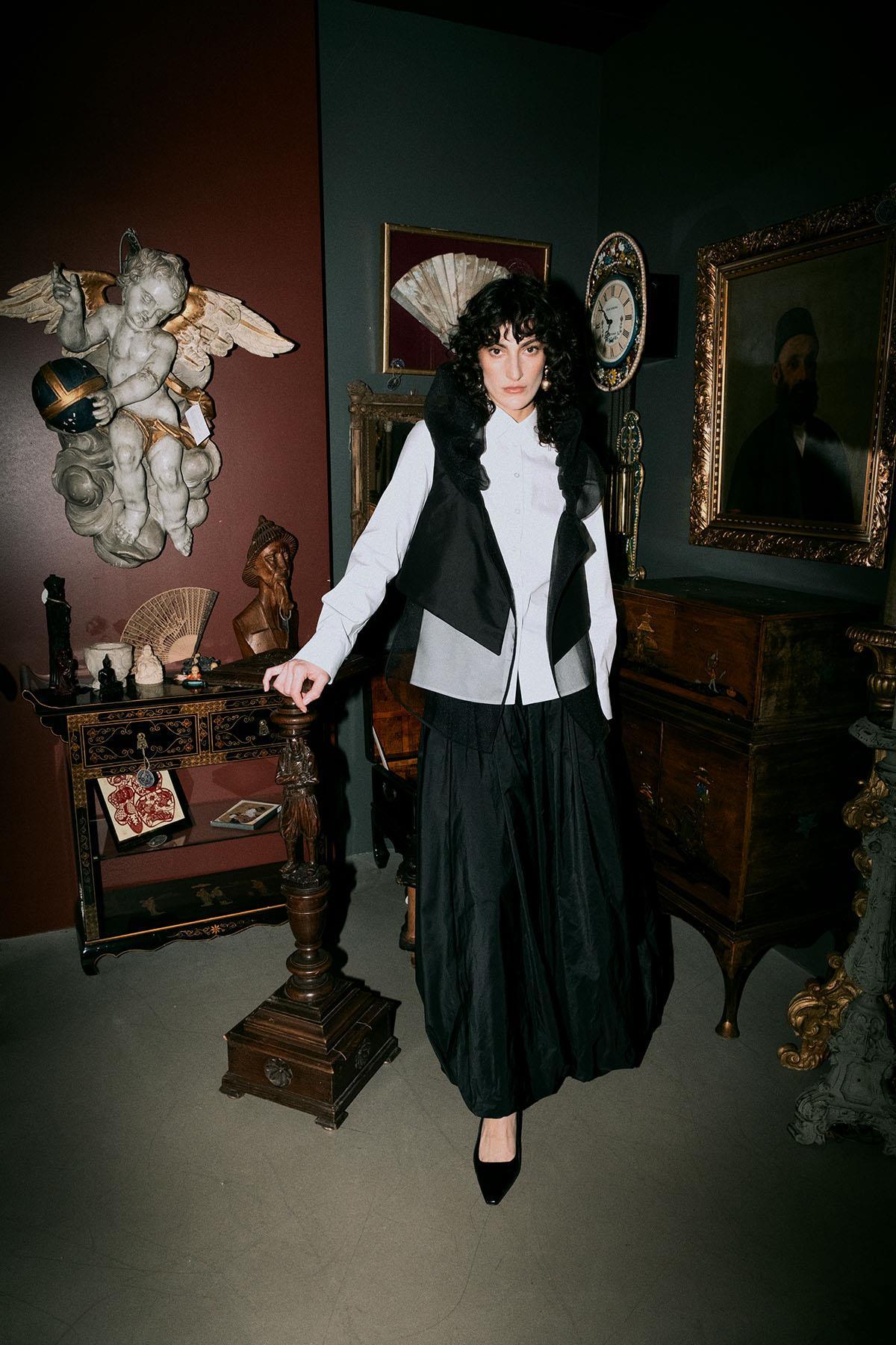 BLACK TAFFETA LONG BALLOON SKIRT