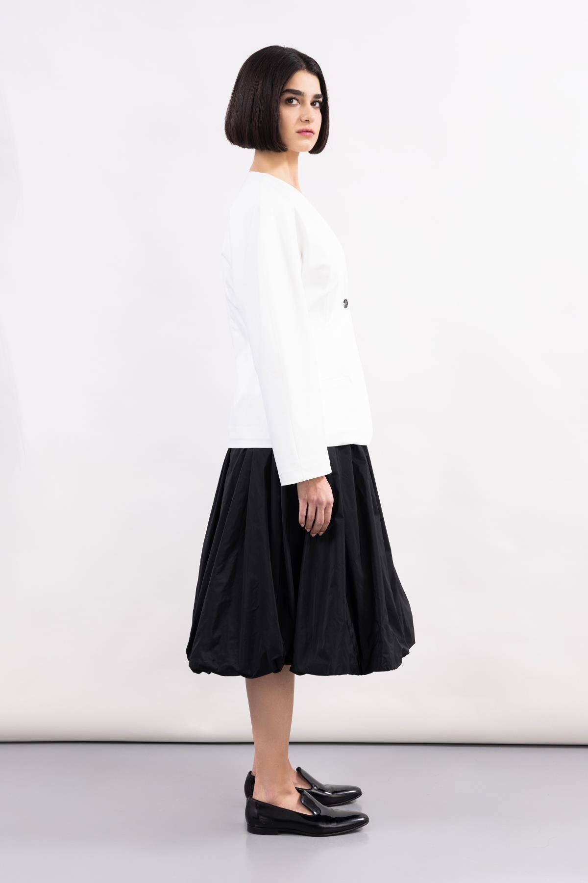 BLACK TAFFETA MIDI LENGTH BALLOON SKIRT