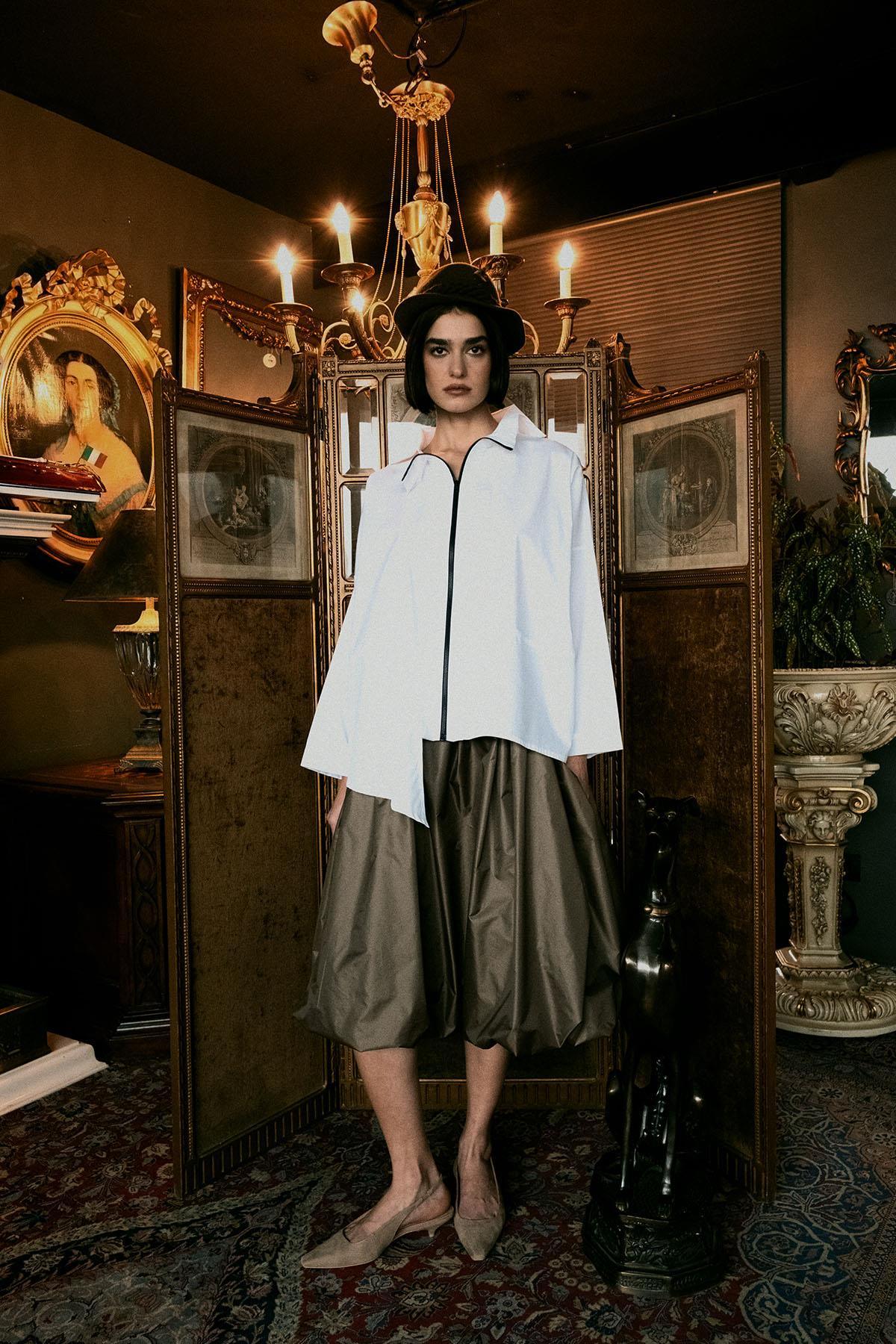 MINK PARACHUTE FABRIC MIDI LENGTH BALLOON SKIRT