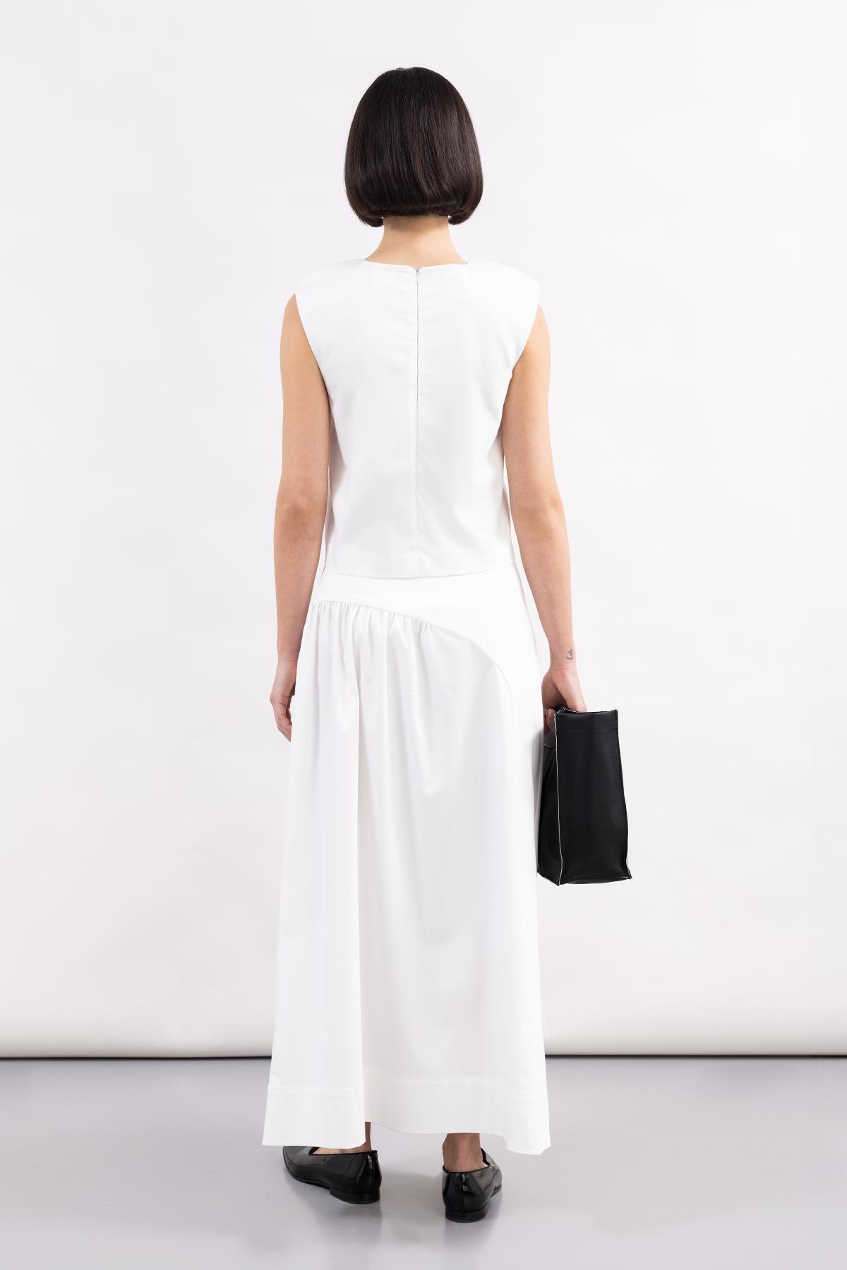 WHITE CORSSAGE WAIST DETAIL LONG WOVEN POPLIN SKIRT