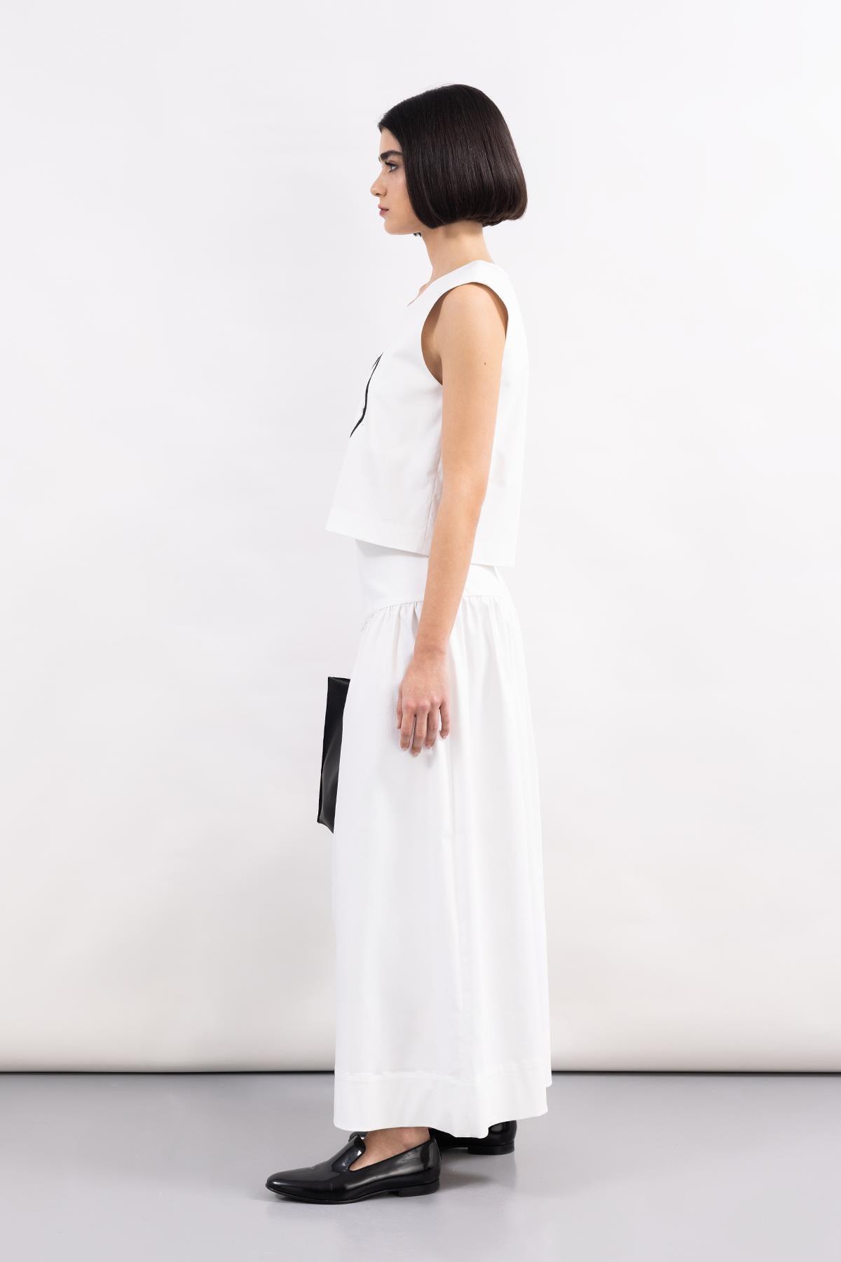 WHITE CORSSAGE WAIST DETAIL LONG WOVEN POPLIN SKIRT