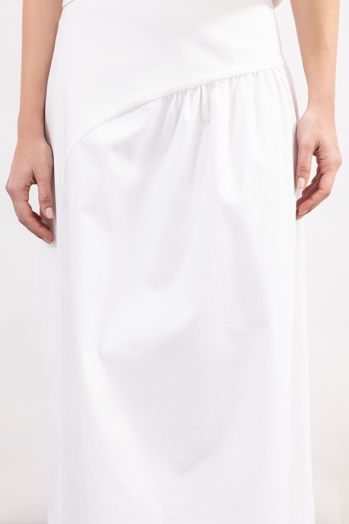 WHITE CORSSAGE WAIST DETAIL LONG WOVEN POPLIN SKIRT