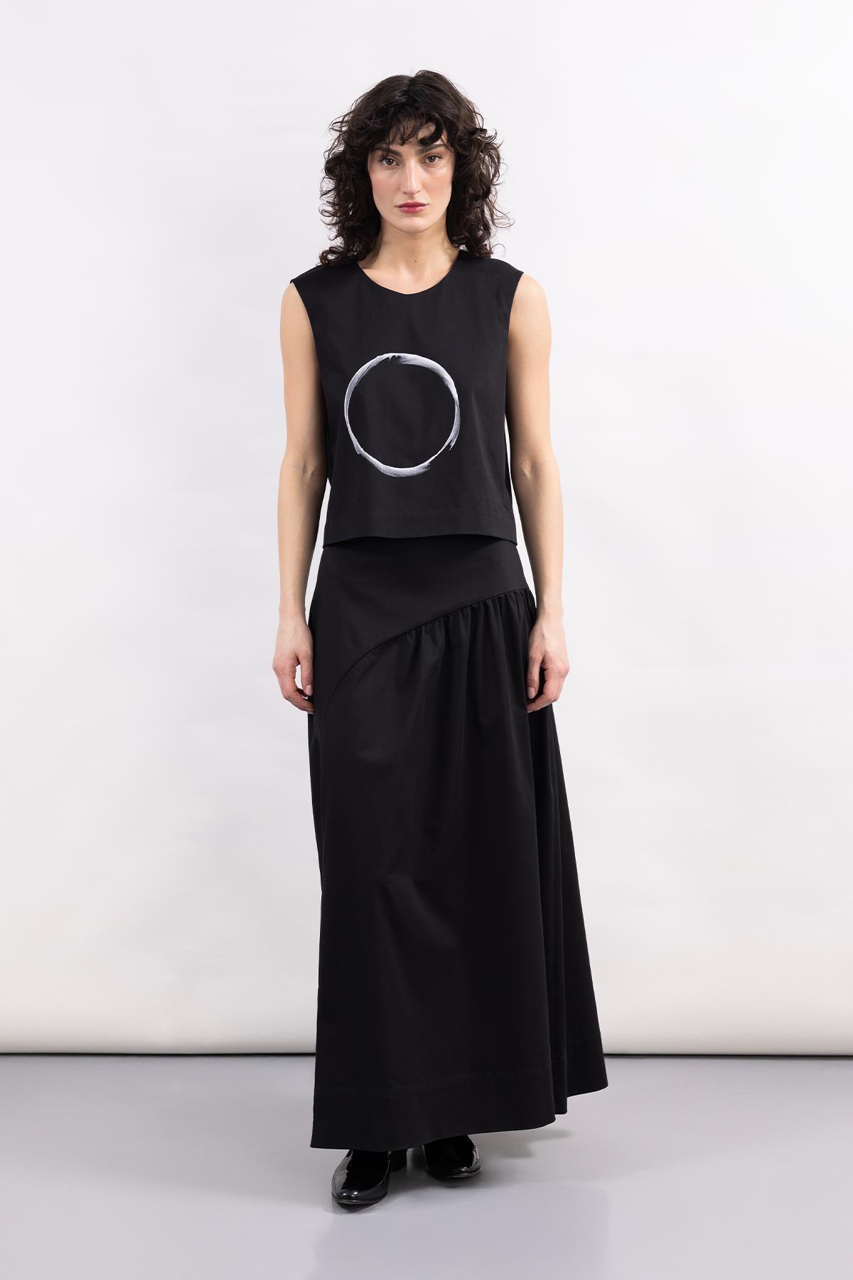 BLACK CORSSAGE WAIST DETAILED LONG WOVEN POPLIN SKIRT
