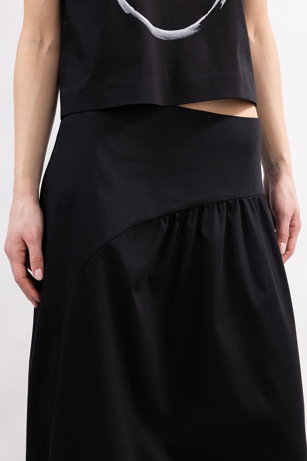 BLACK CORSSAGE WAIST DETAILED LONG WOVEN POPLIN SKIRT