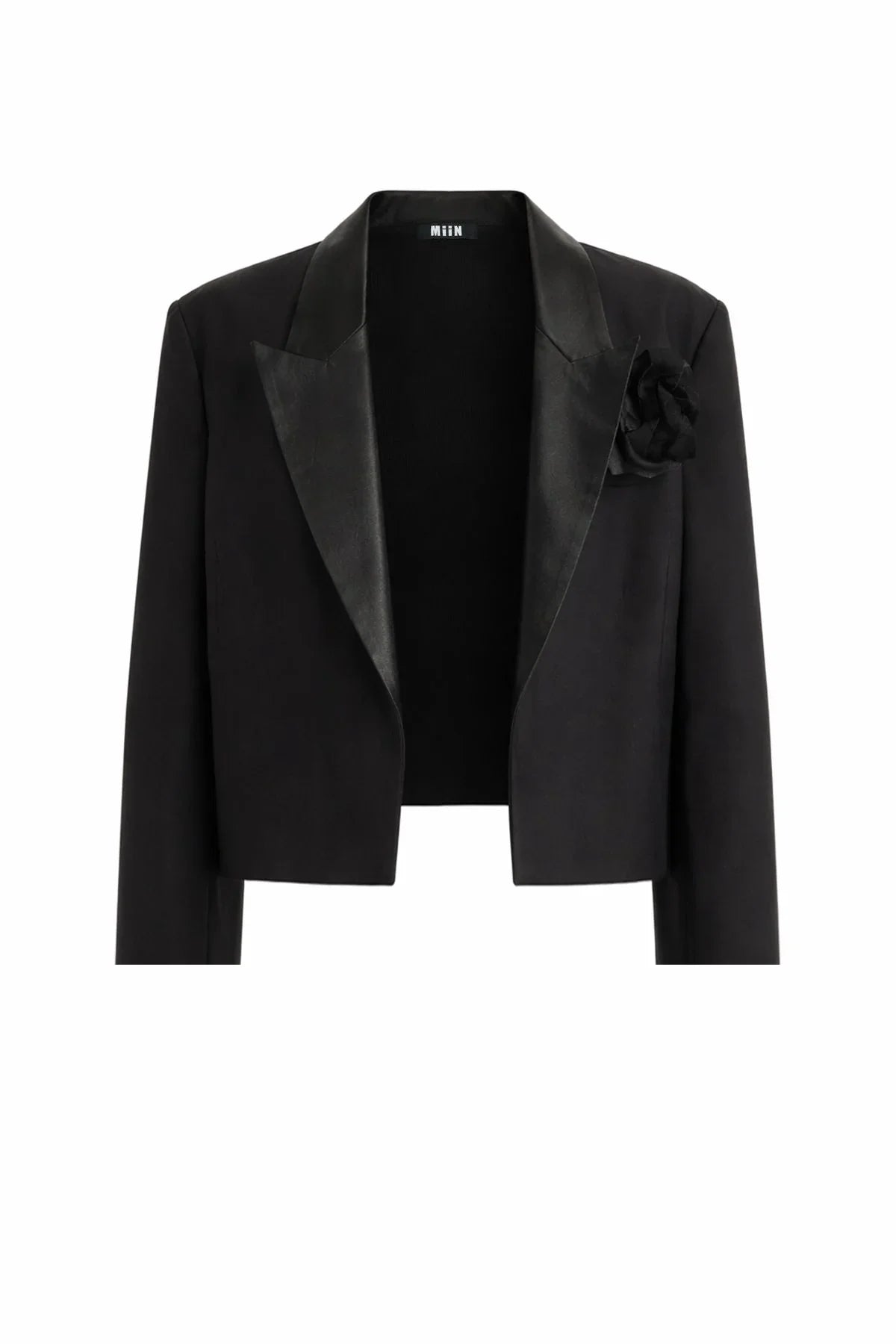 SİYAH YAKASI DERİ GÜL APLİKELİ KISA CEKET - MiiN