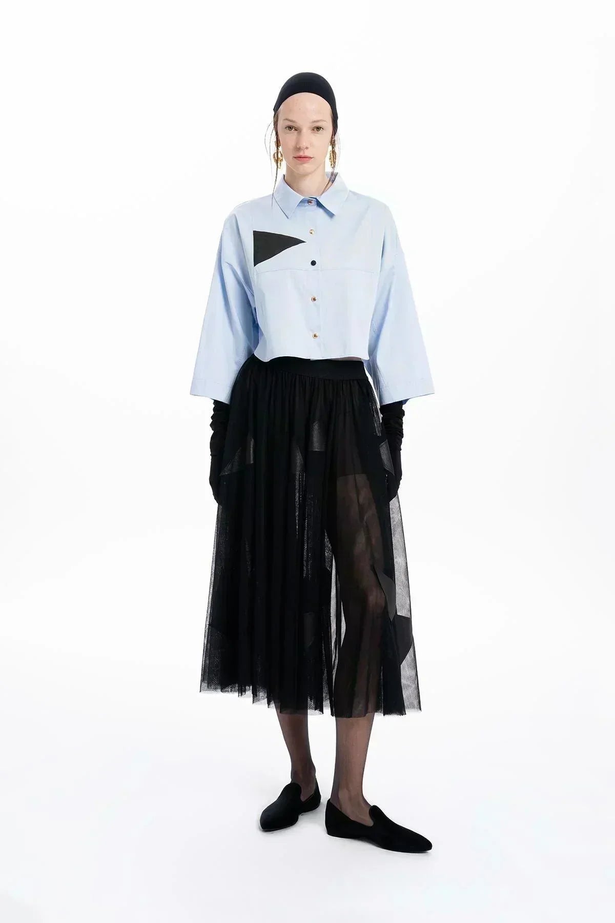 BLUE TRIANGLE DETAILED OVERSIZE CROP SHIRT