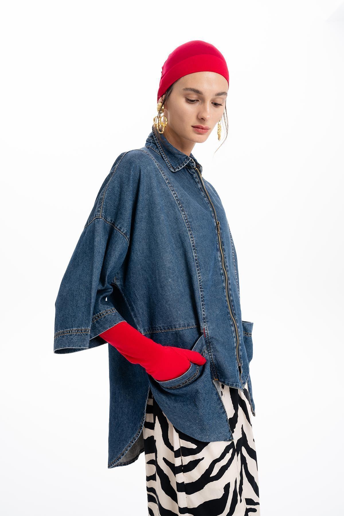 KOYU MAVİ DENIM FERMUARLI OVERSIZE GÖMLEK