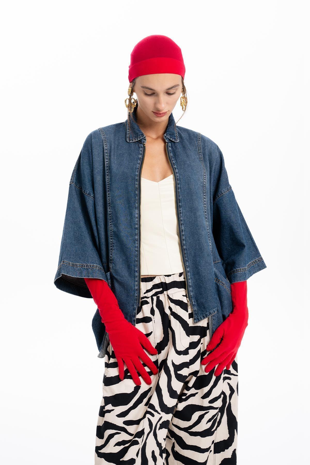 KOYU MAVİ DENIM FERMUARLI OVERSIZE GÖMLEK