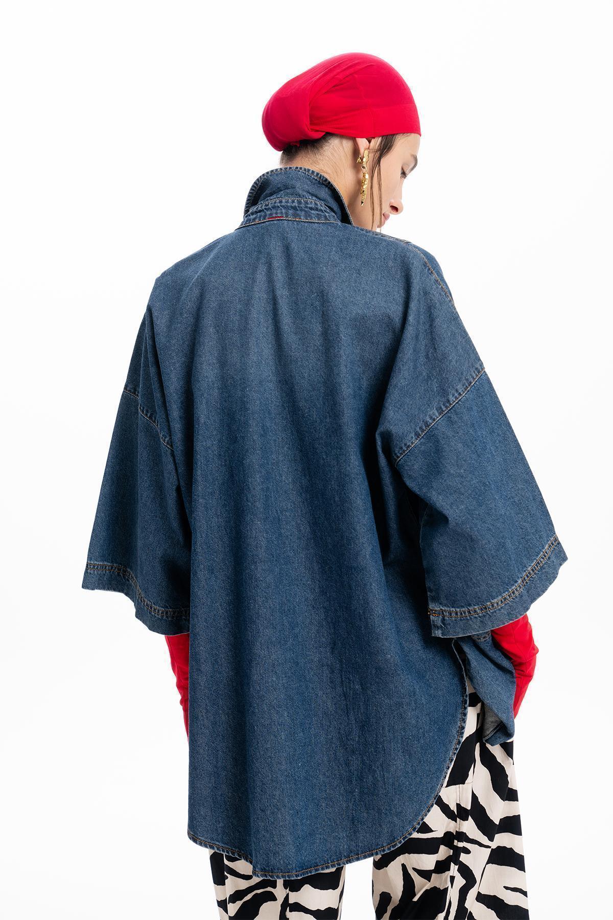 KOYU MAVİ DENIM FERMUARLI OVERSIZE GÖMLEK