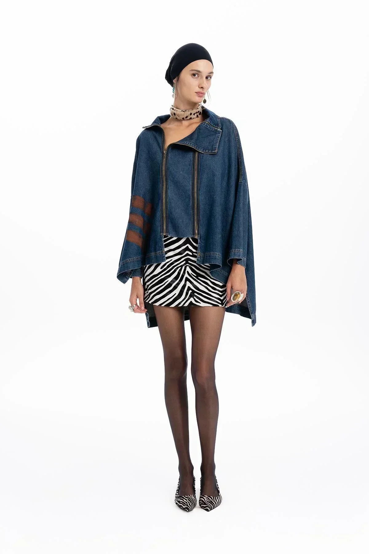 DARK BLUE DENIM ZIPPERED OVERSIZE ASYMMETRIC CUT SHIRT