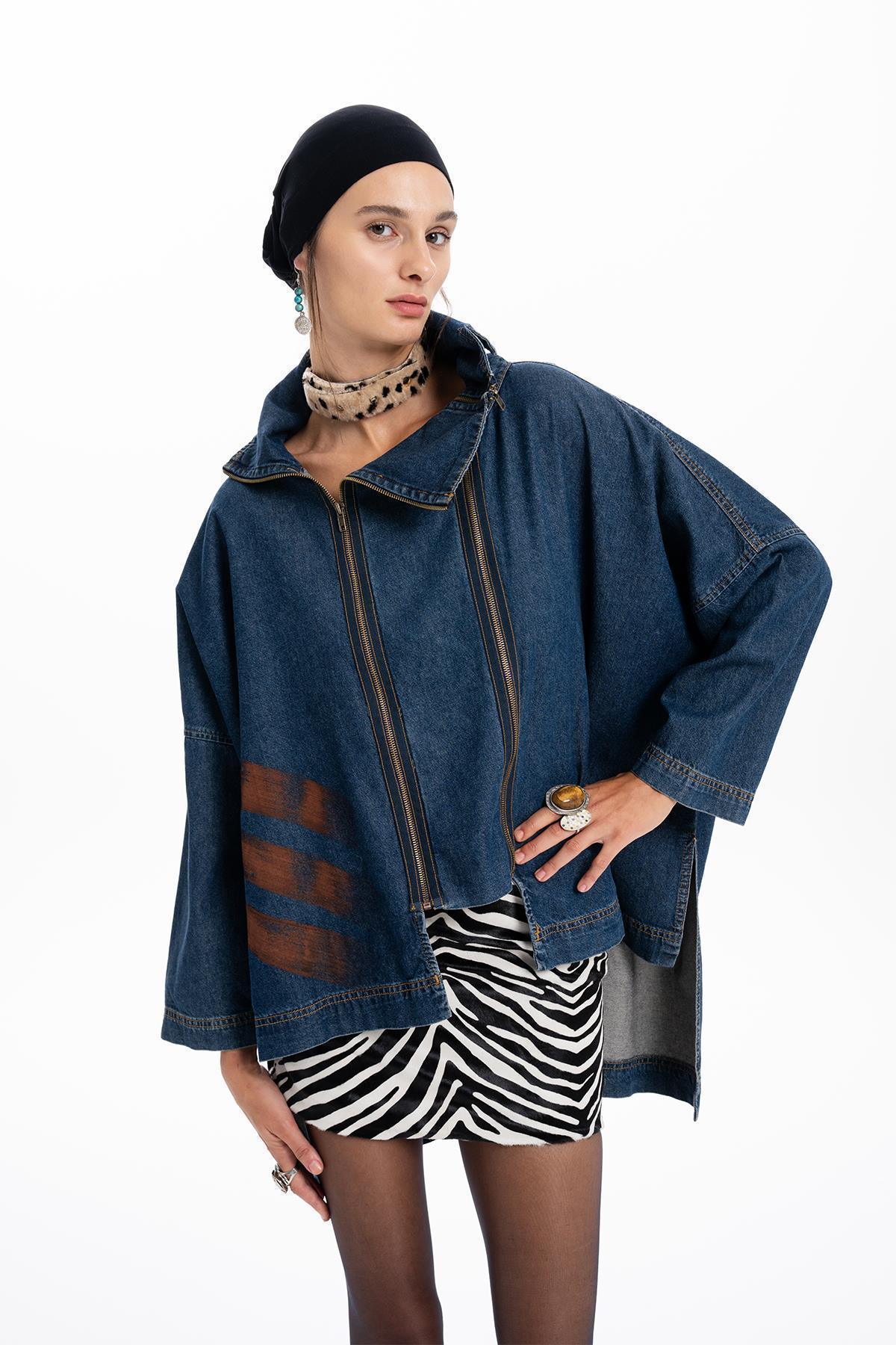 DARK BLUE DENIM ZIPPERED OVERSIZE ASYMMETRIC CUT SHIRT