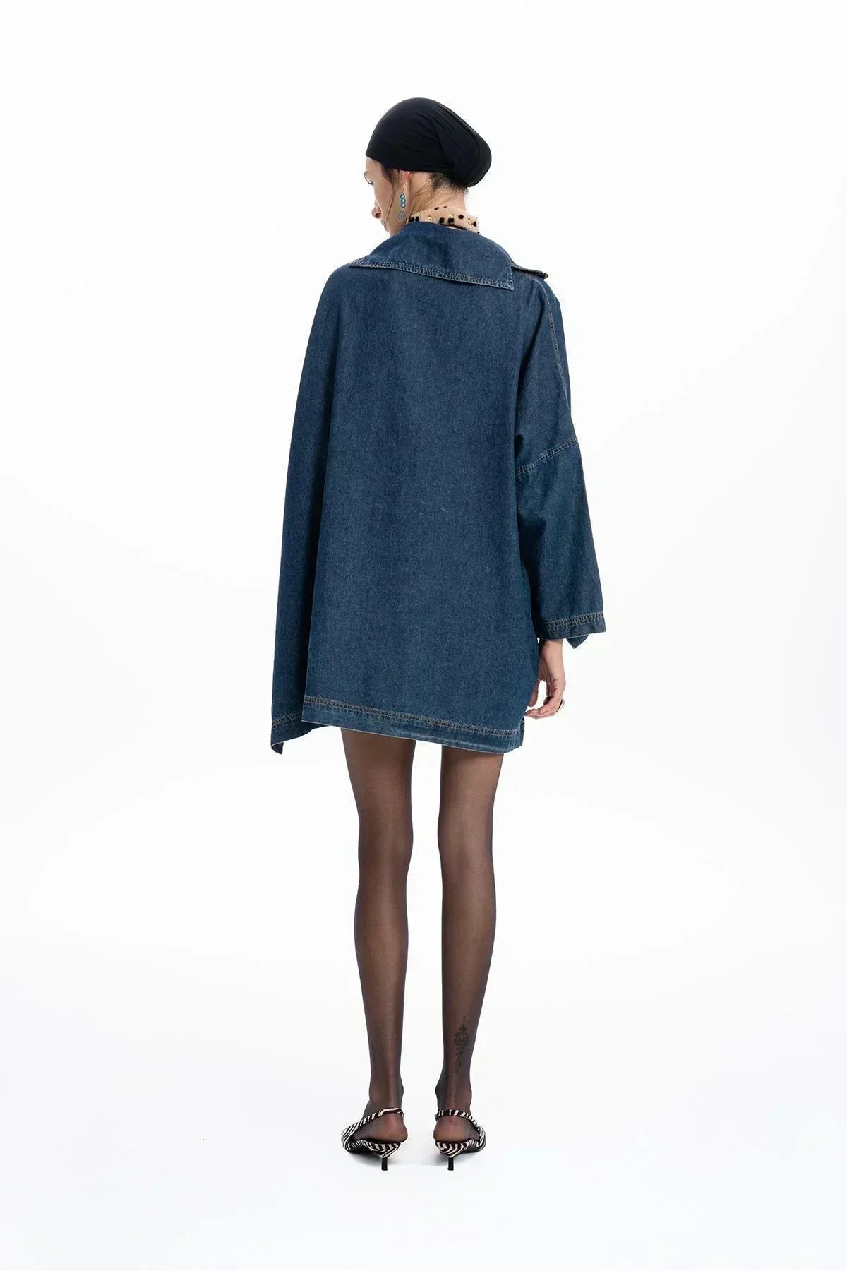 DARK BLUE DENIM ZIPPERED OVERSIZE ASYMMETRIC CUT SHIRT