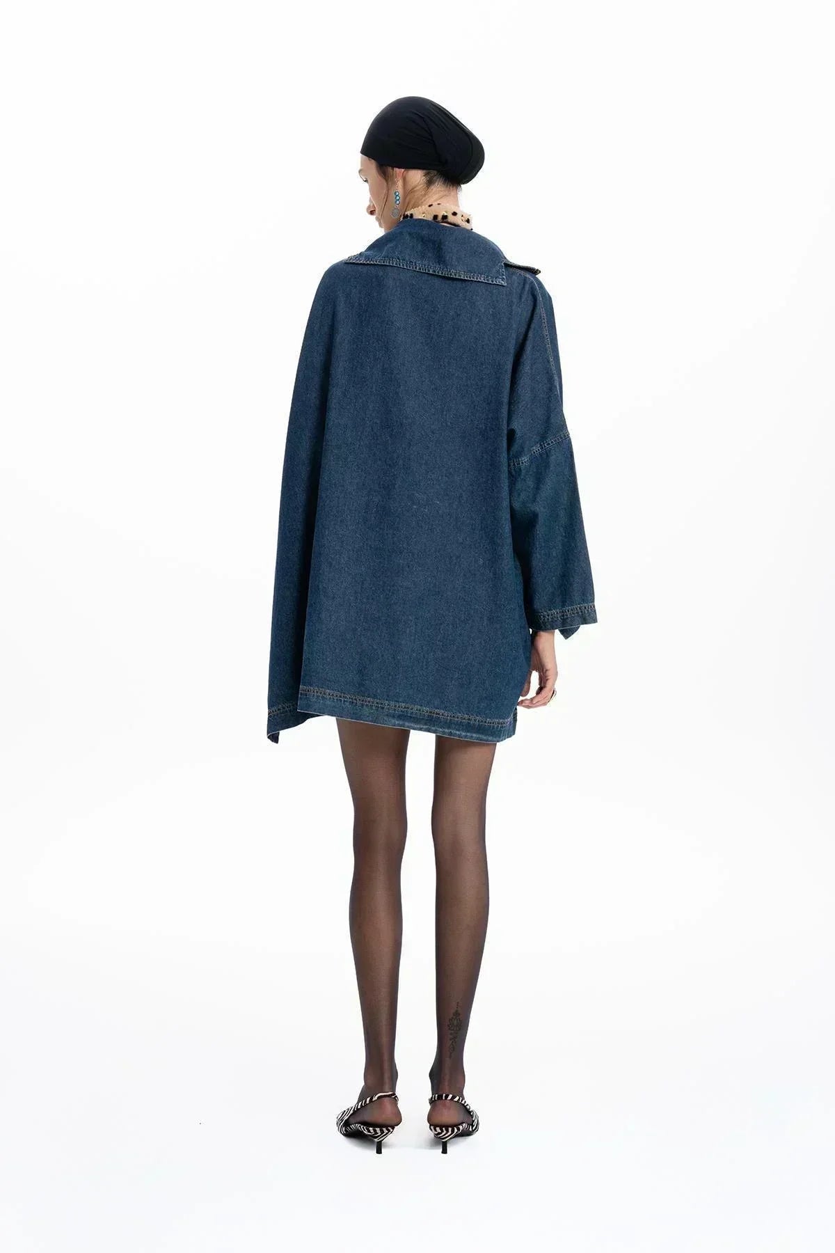 DARK BLUE DENIM ZIPPERED OVERSIZE ASYMMETRIC CUT SHIRT